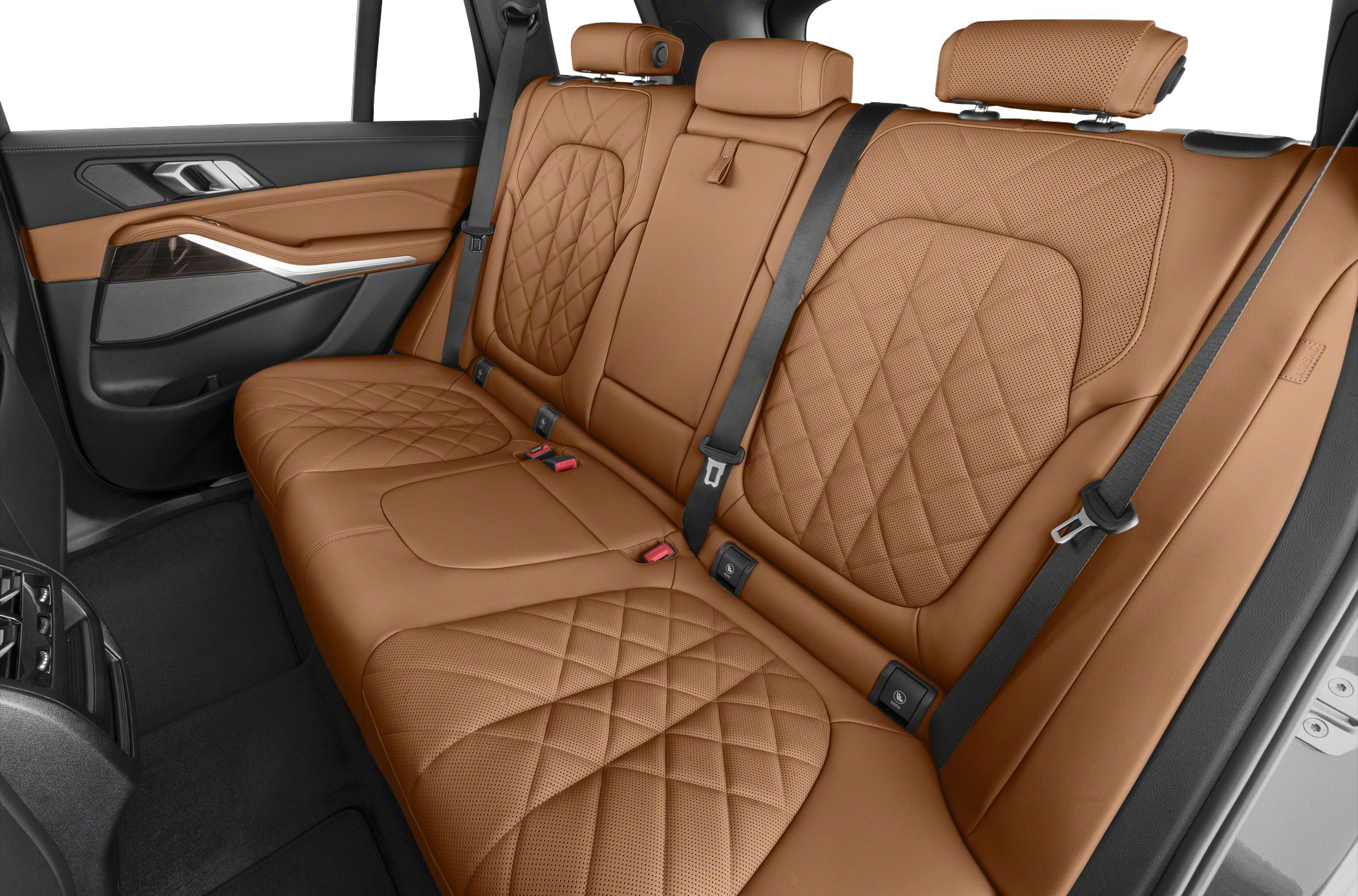 Quilted brown leather rear seats with stitching and seat belts