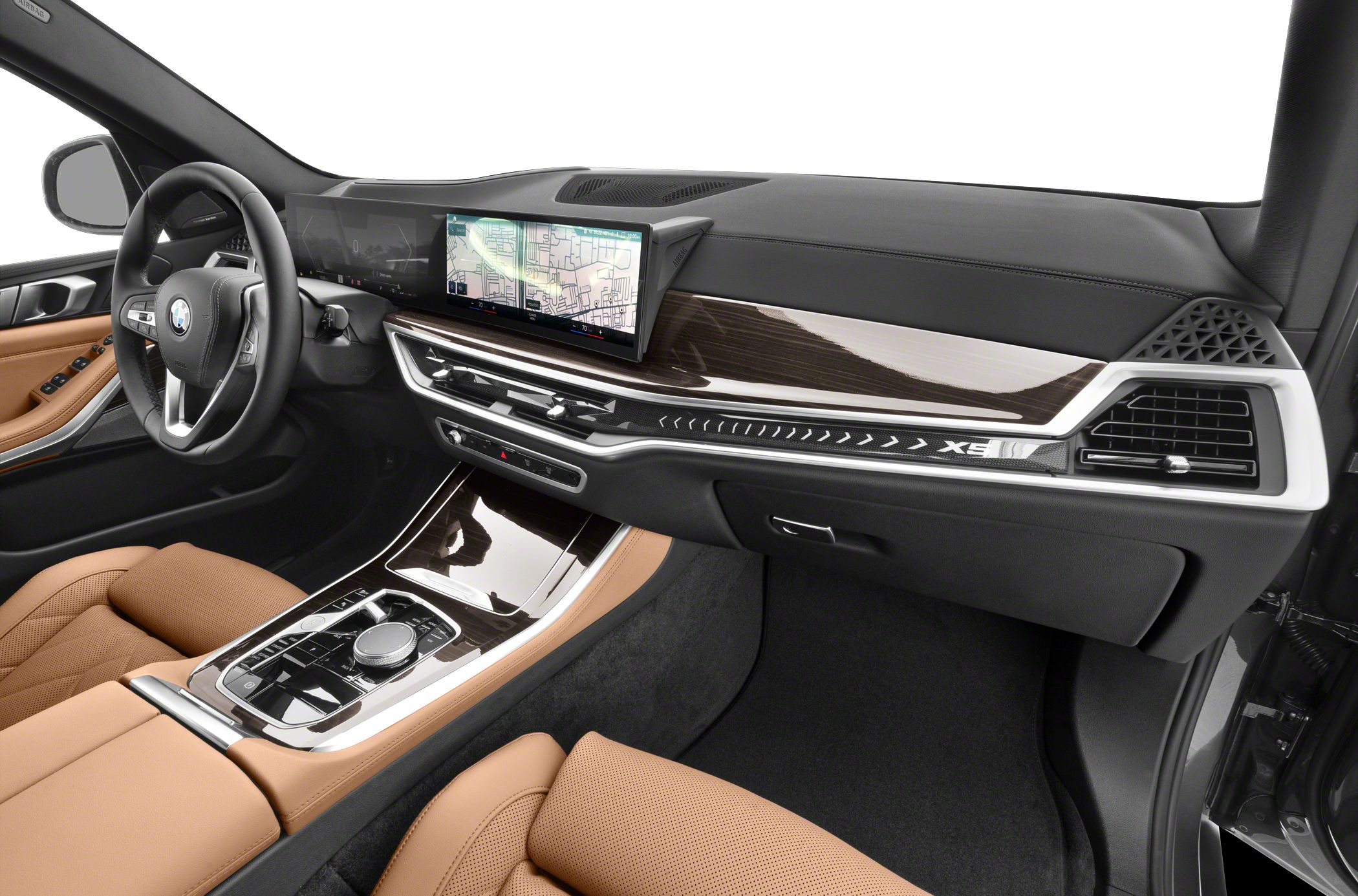 Digital dashboard and navigation display with brown leather seats