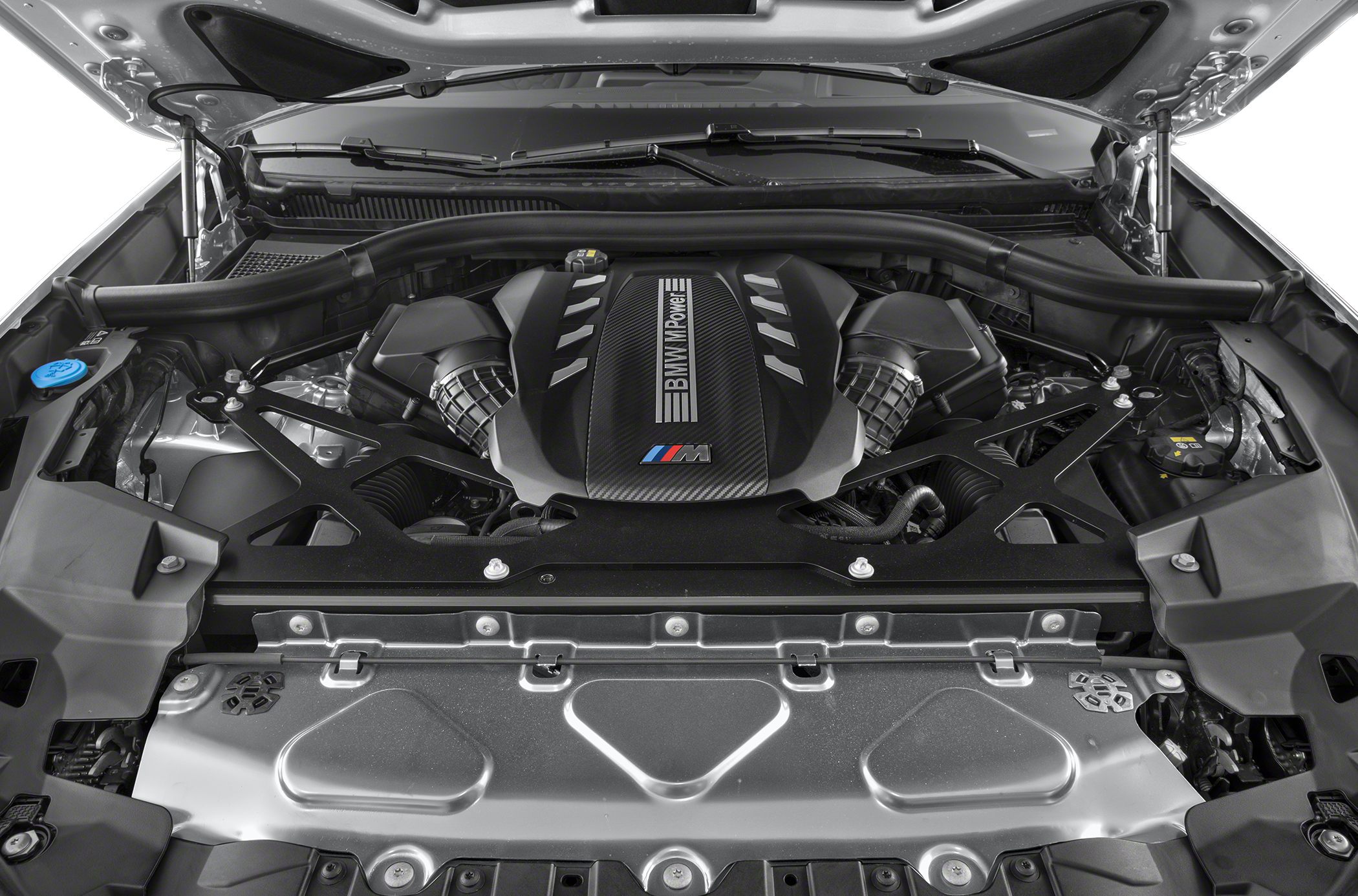 High-performance engine bay with BMW M branding and components.