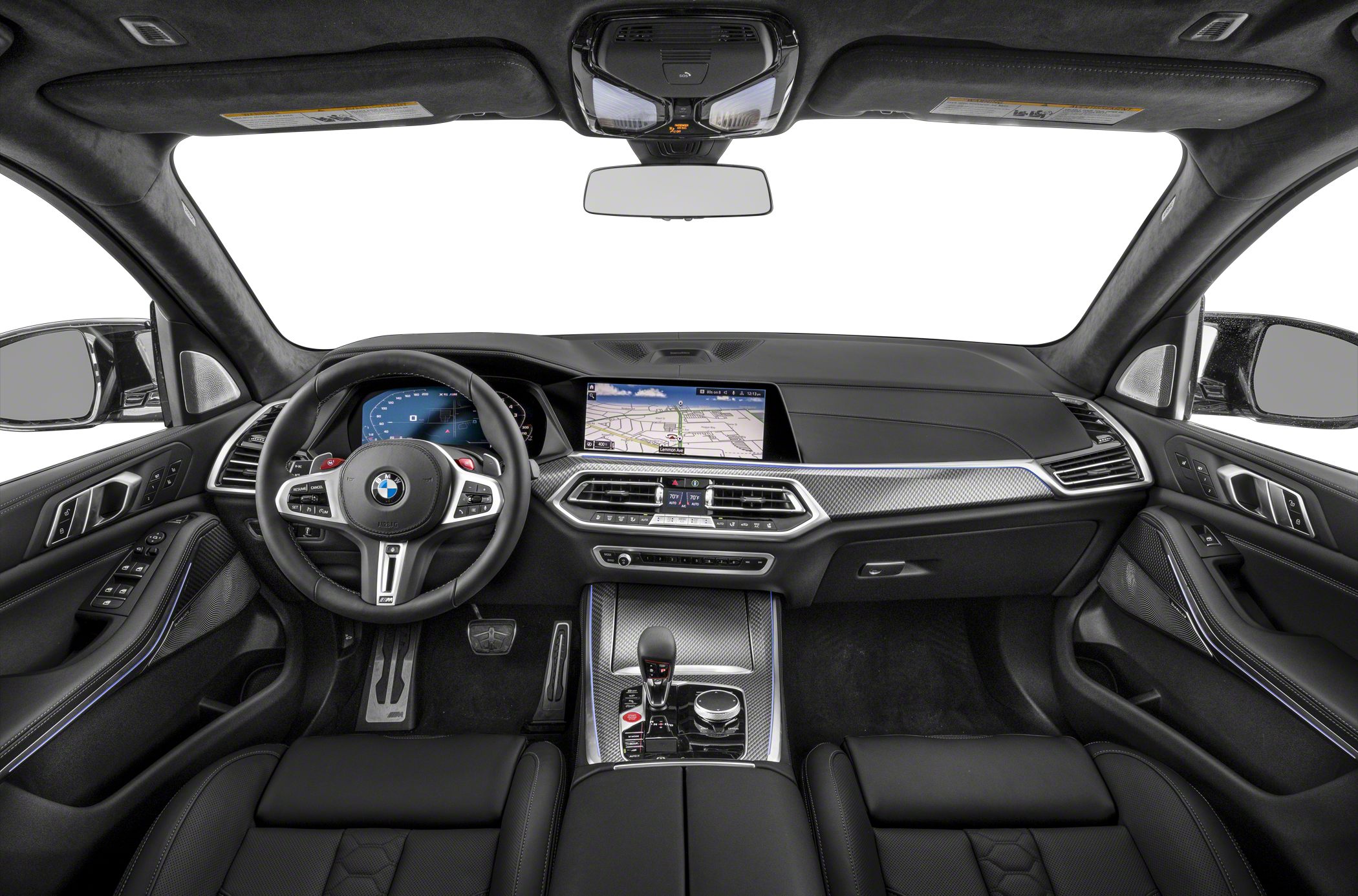 Digital instrument cluster and central touchscreen with carbon fiber trim.