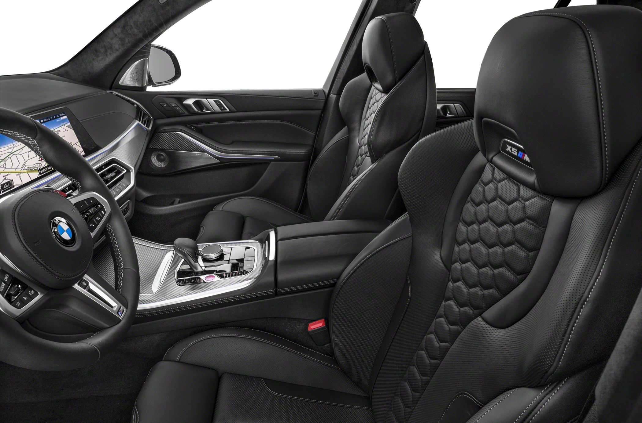 Black leather seats with honeycomb pattern and modern dashboard with advanced control panel