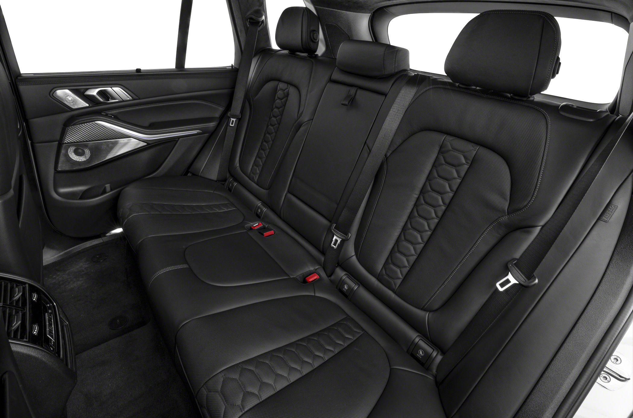 Black leather rear seats with detailed stitching and luxury trim