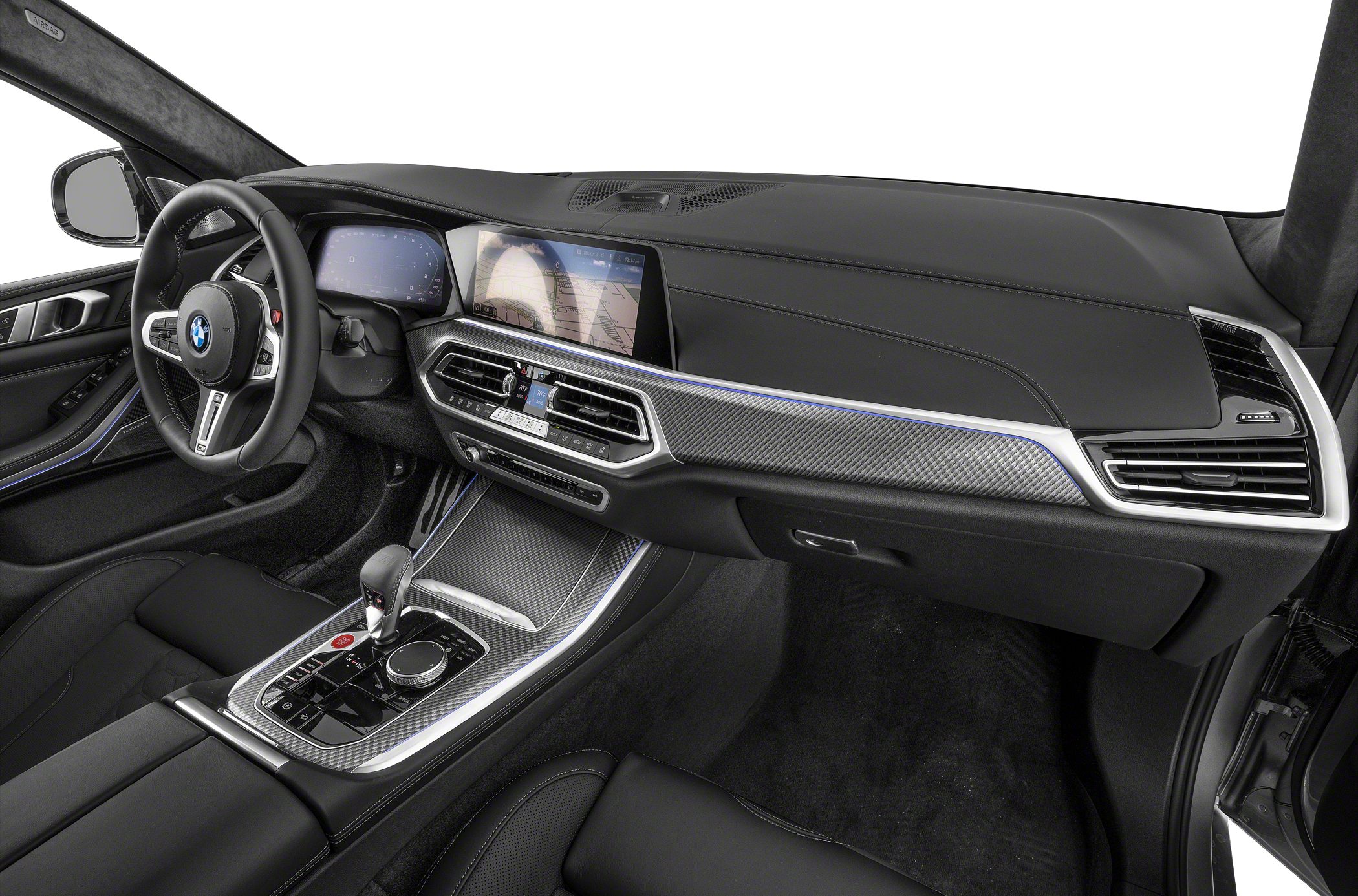 Luxury SUV interior with digital dashboard and carbon fiber trim