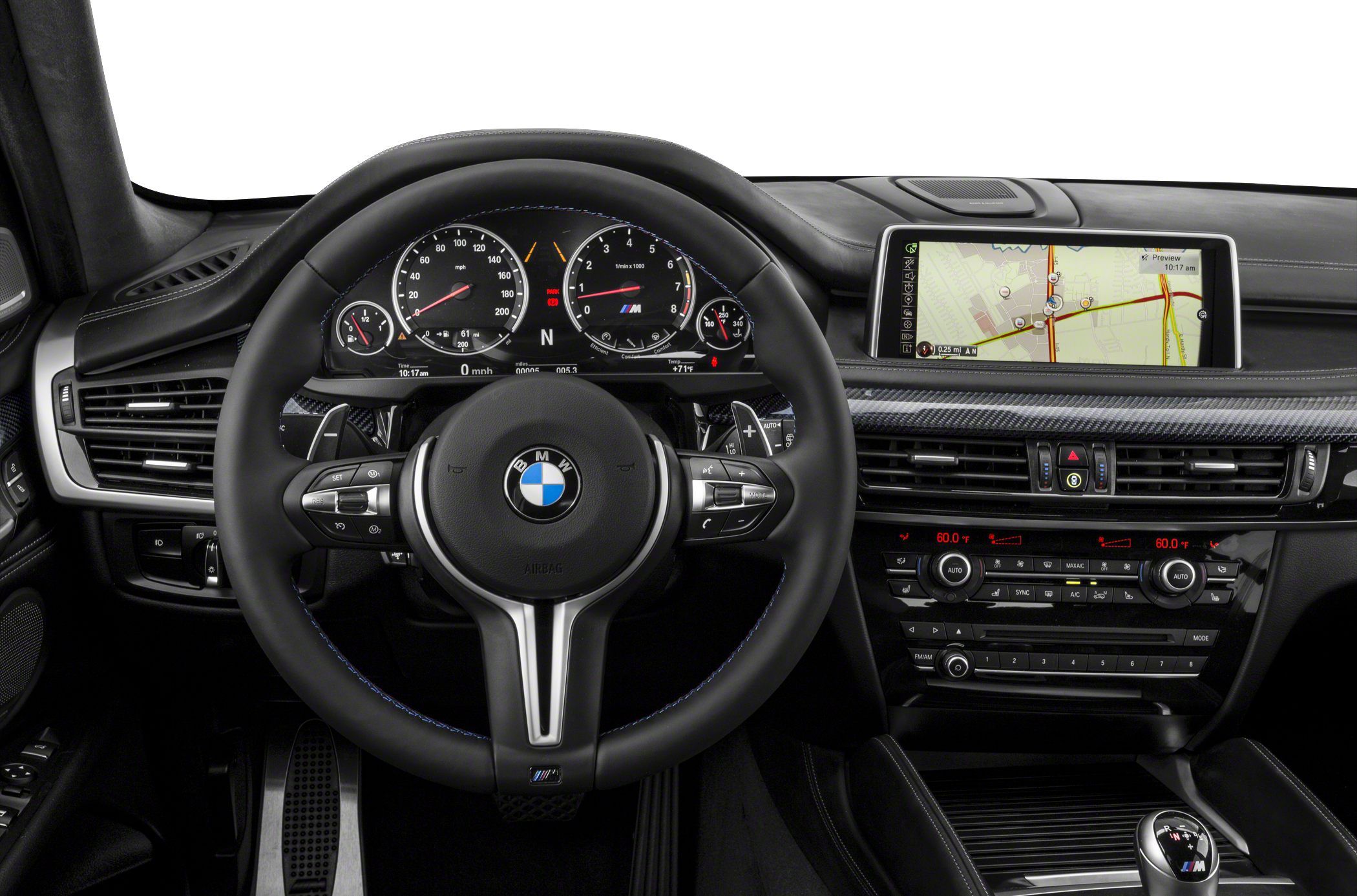Steering wheel with BMW emblem, digital instrument cluster, infotainment screen