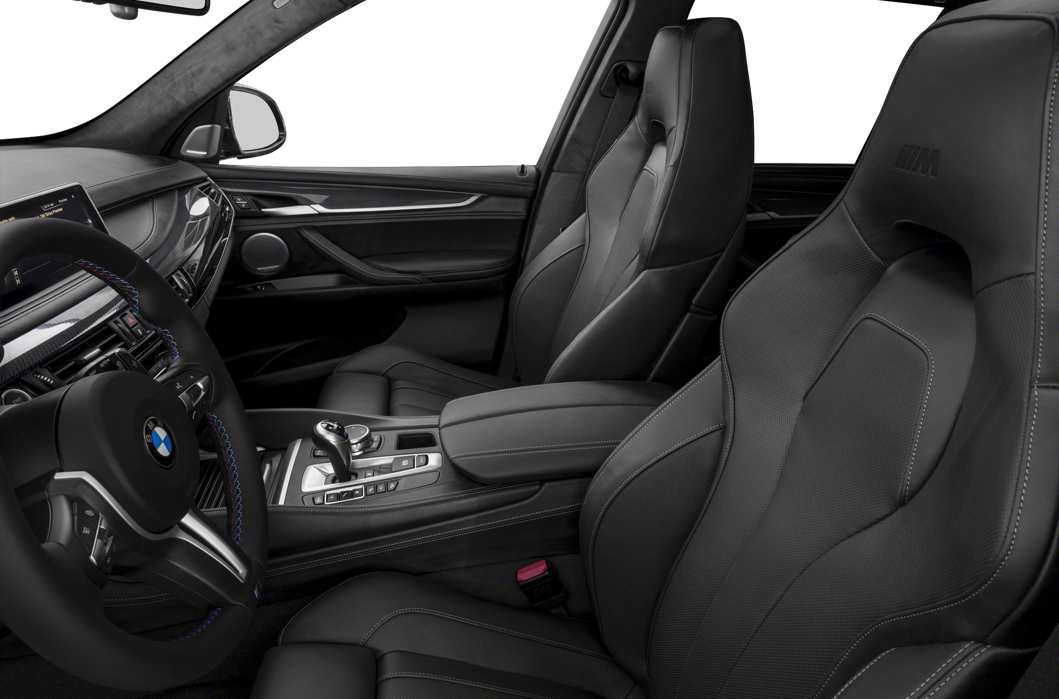 Black leather sport seats with M badge and carbon fiber dashboard trim