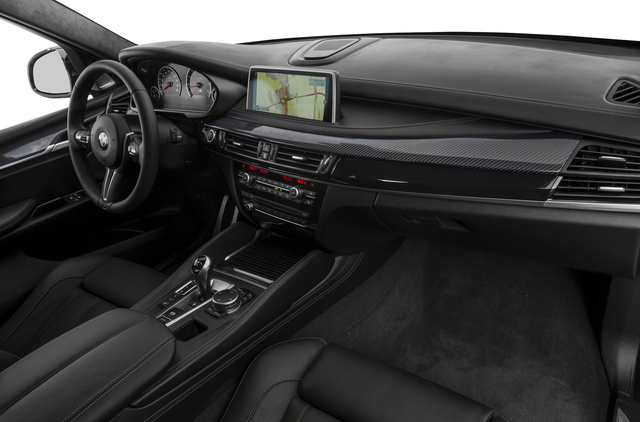 Black leather interior with digital navigation screen and carbon fiber dashboard trim
