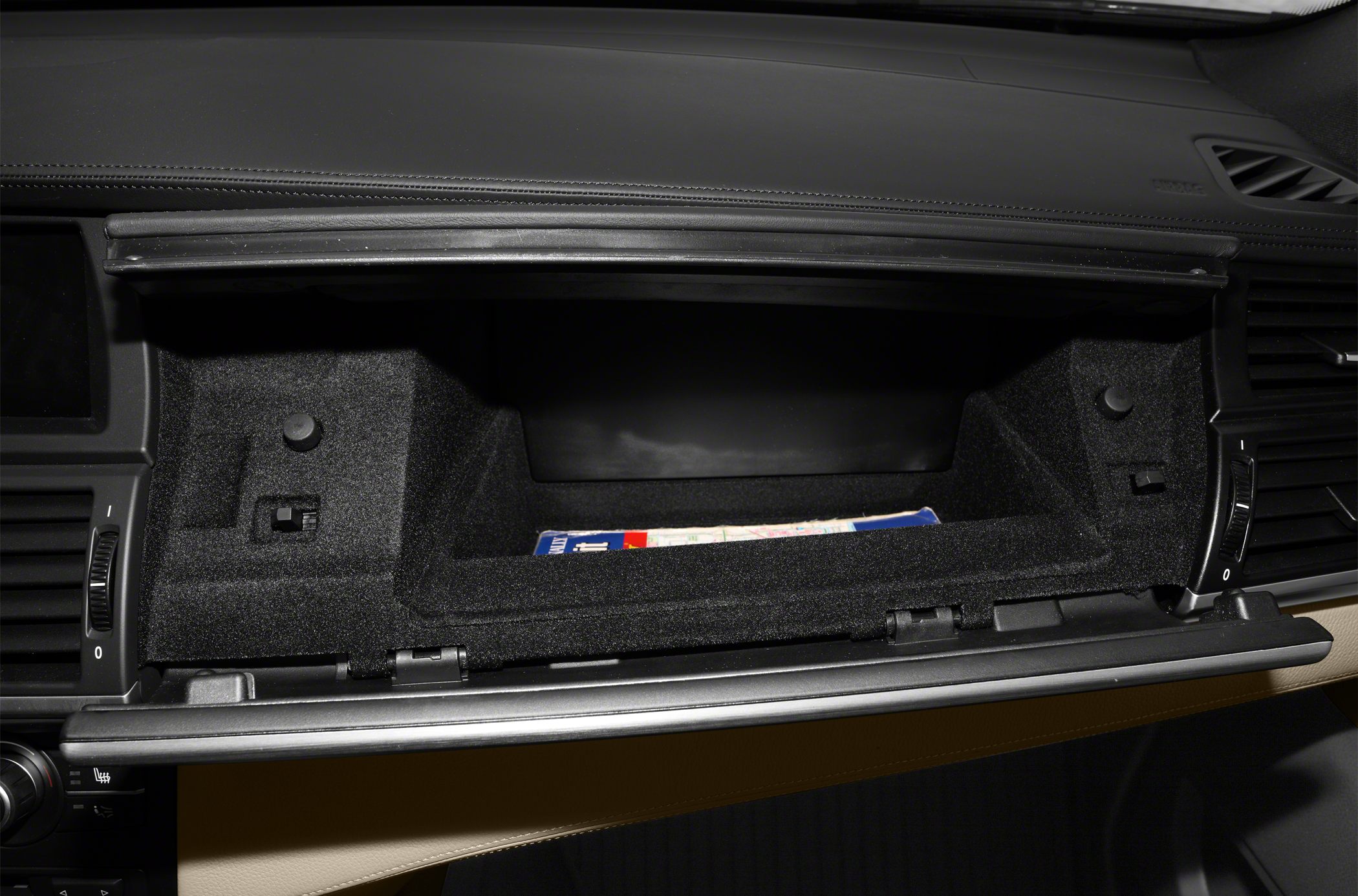 Glove box dashboard storage compartment with lined interior
