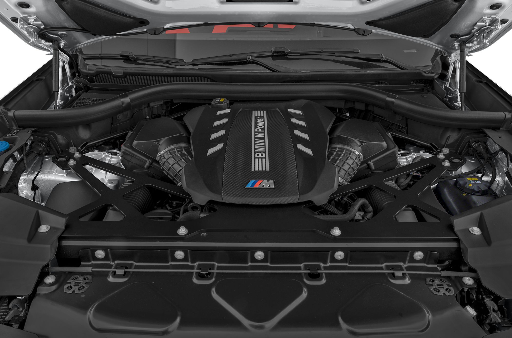 High-performance BMW M Power engine bay with structural reinforcement bars