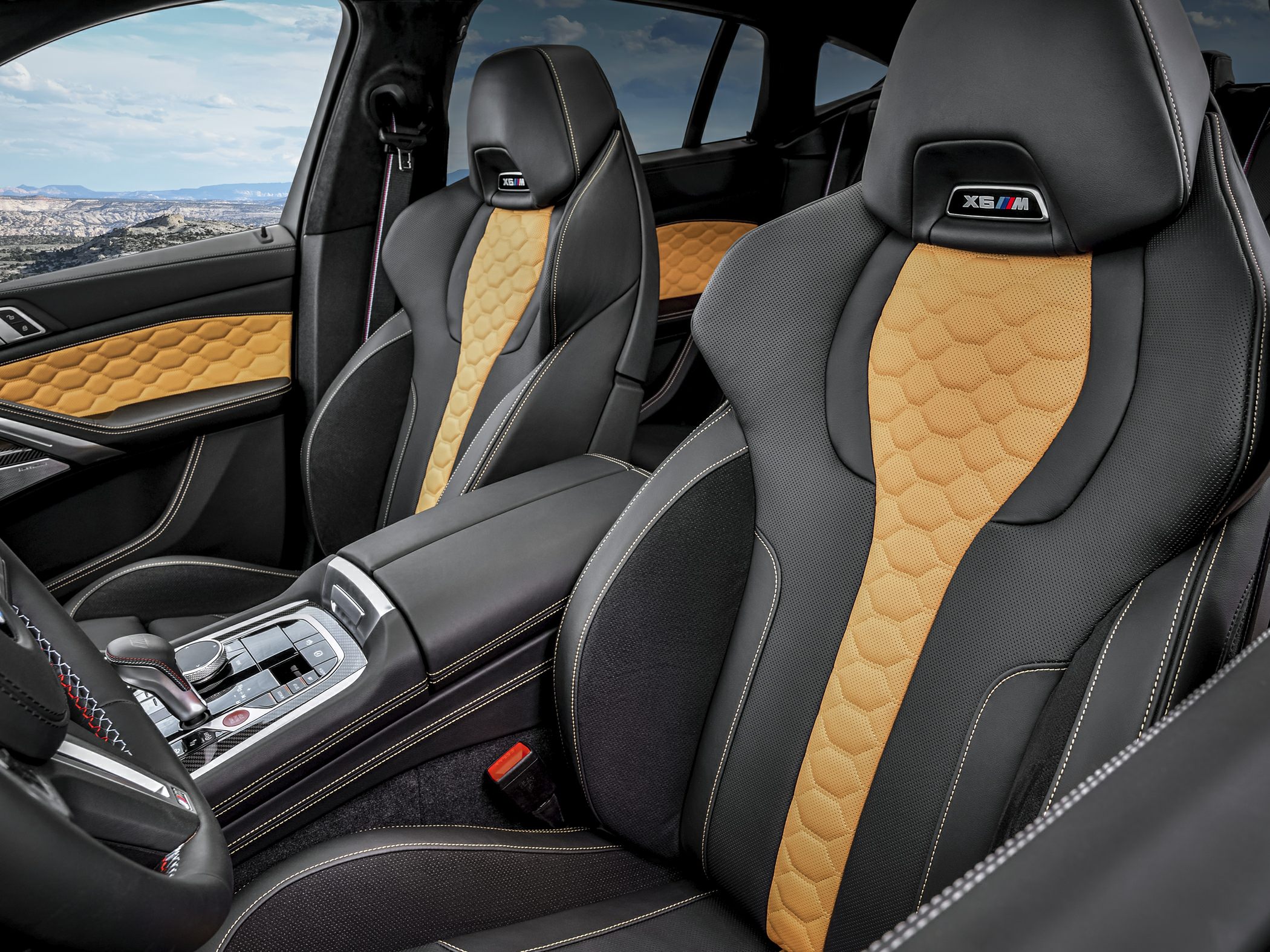 Luxury black and tan sports seats with honeycomb pattern and M branding