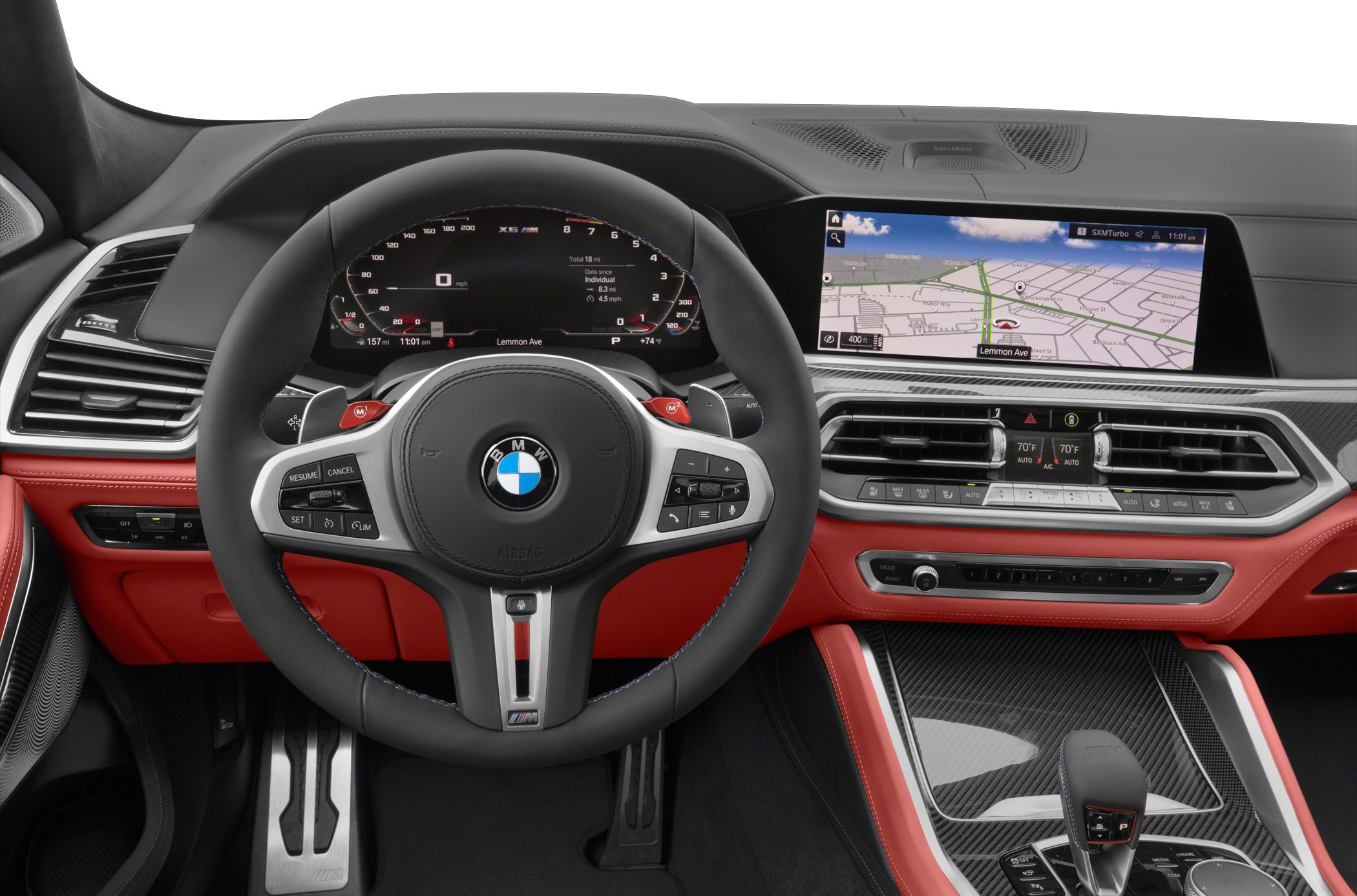 Digital dashboard with navigation display and multifunction steering wheel in luxury setting