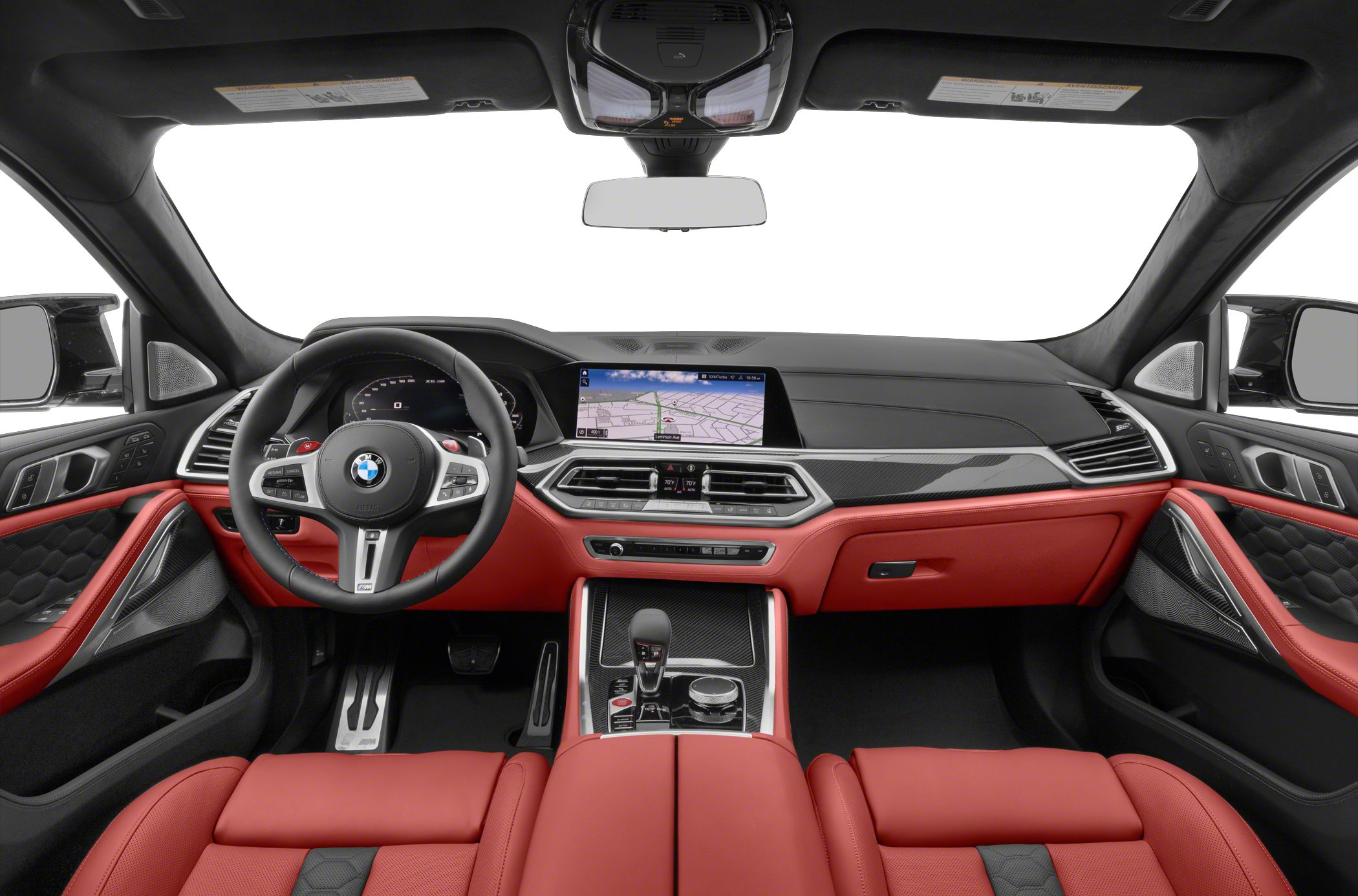 Digital dashboard and infotainment screen with red leather seats