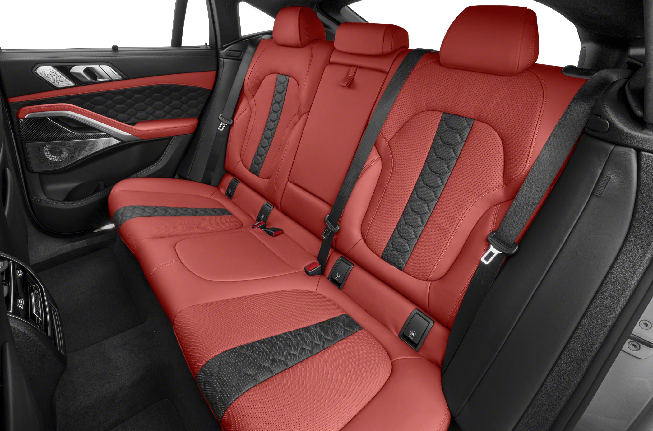 Red and black leather rear seats with detailed stitching