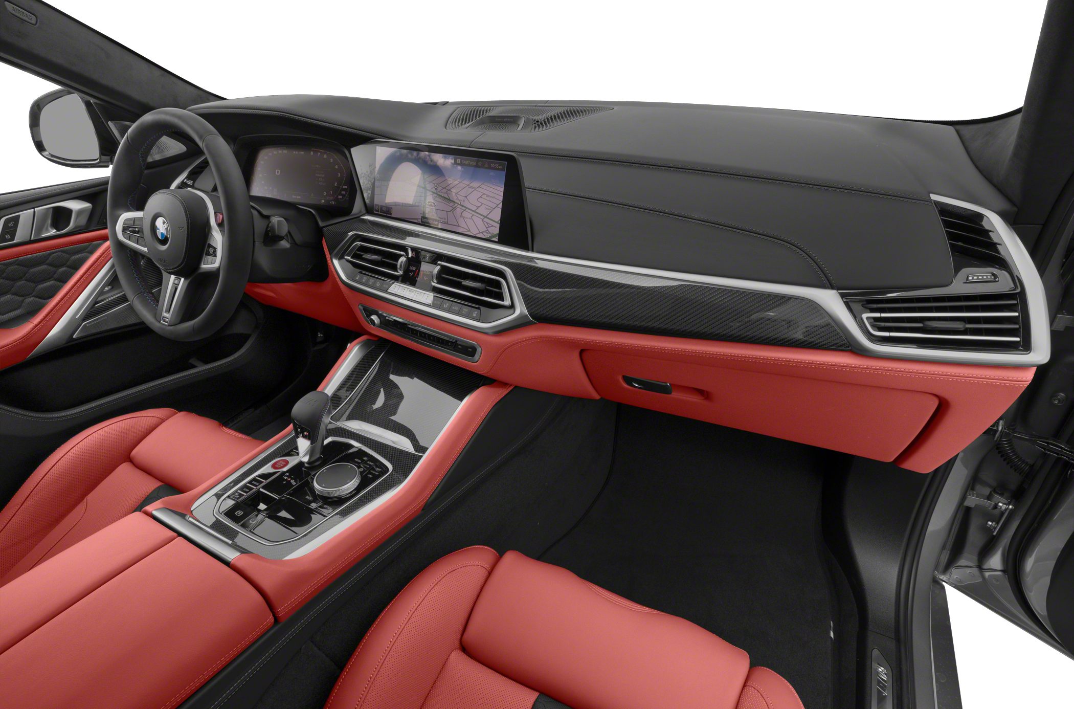 Red leather seats and carbon fiber trim in a modern luxury SUV interior