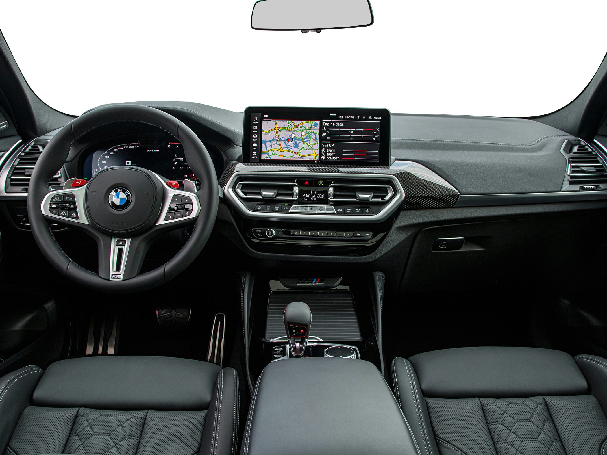 Luxury SUV interior with digital cluster and touchscreen infotainment