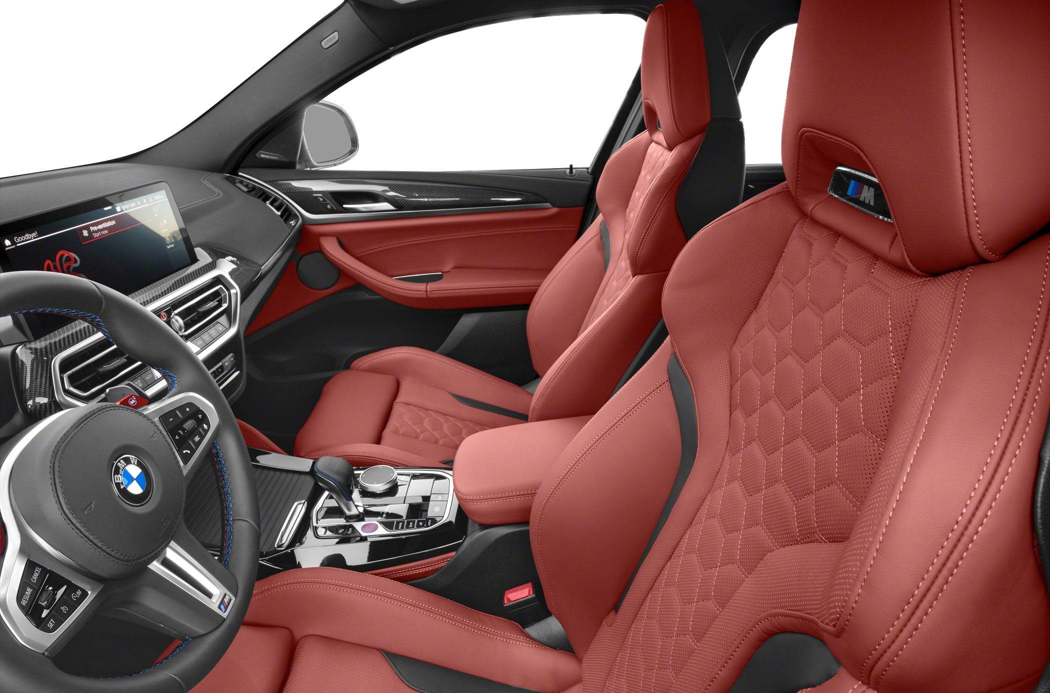 Sporty red leather sport seats with detailed stitching and a modern dashboard