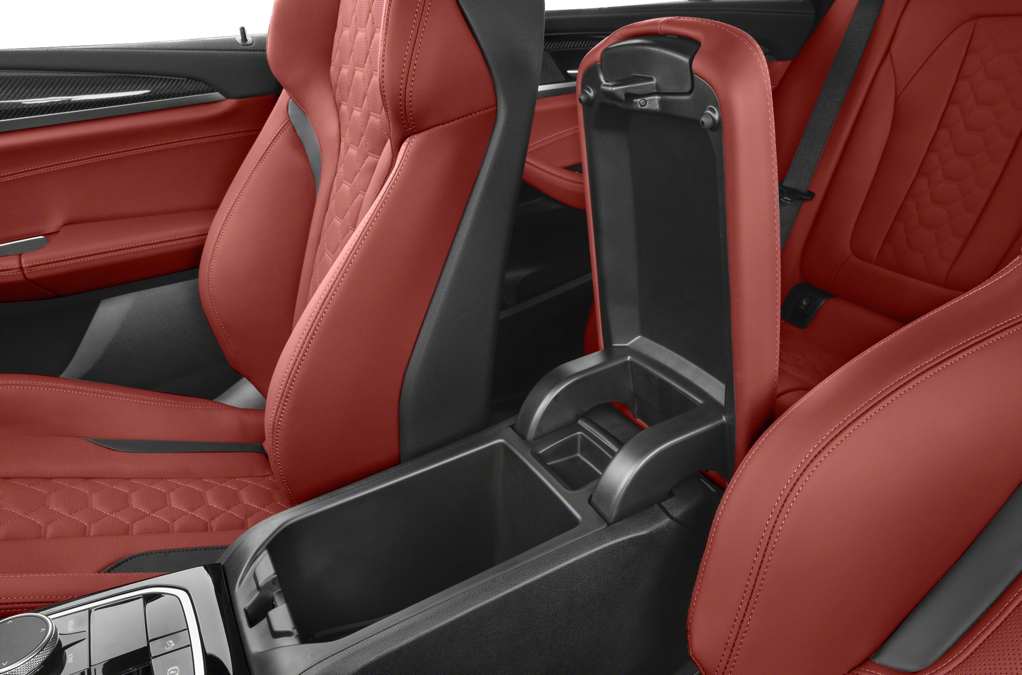 Red leather sport seats with open center console storage
