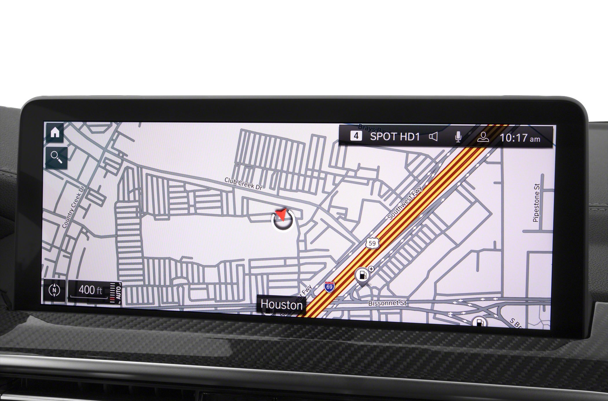 Digital navigation display showing Houston city map and highway routes
