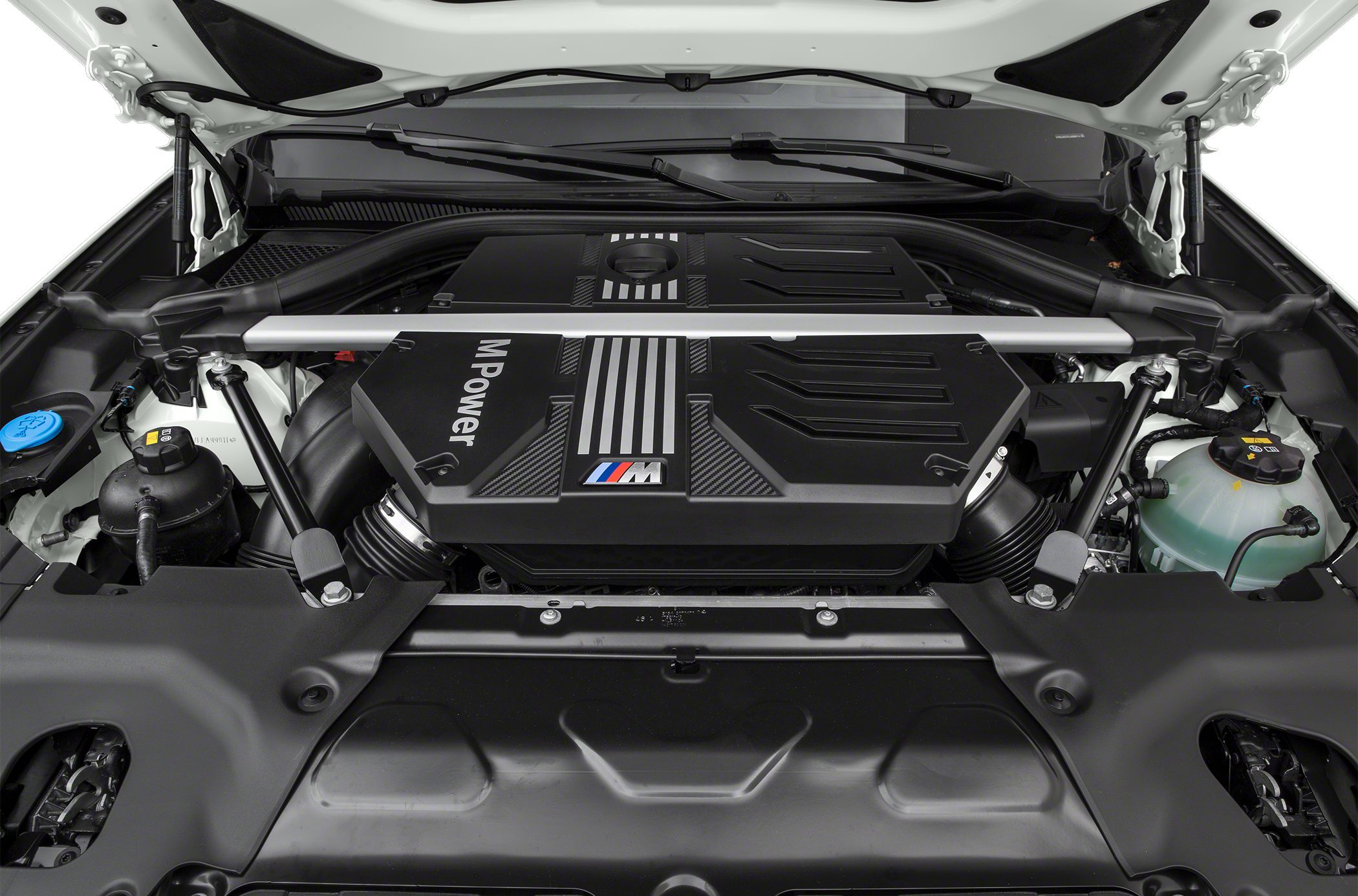 M Power engine cover and strut brace in engine bay