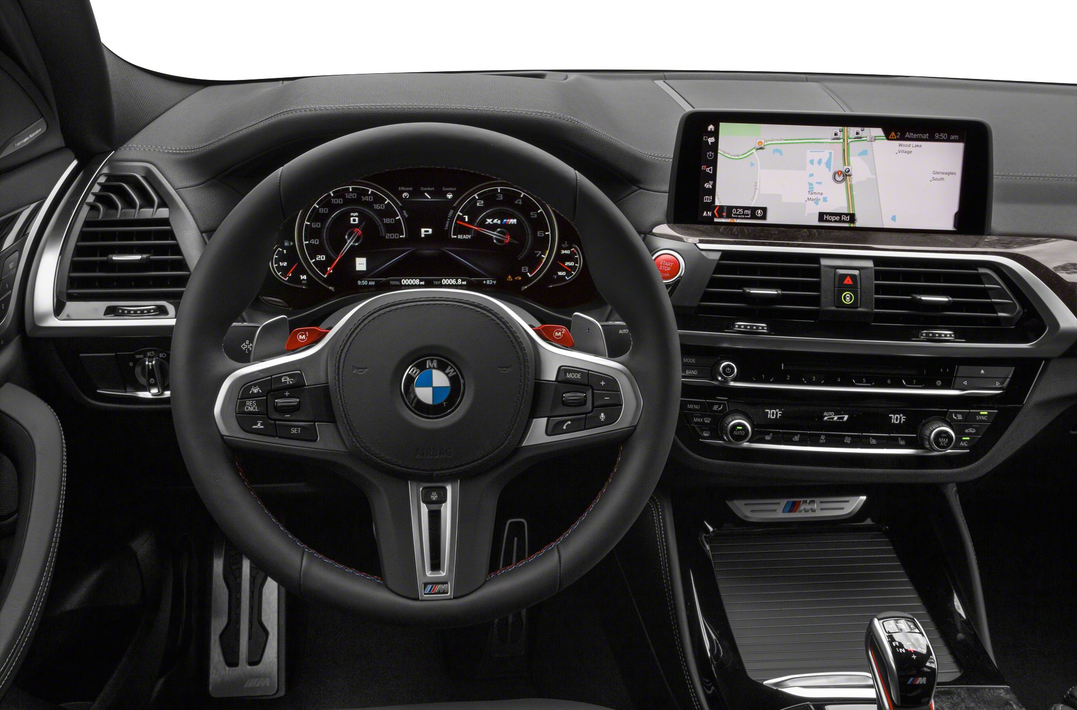 Sporty steering wheel, digital gauges, and infotainment screen interior