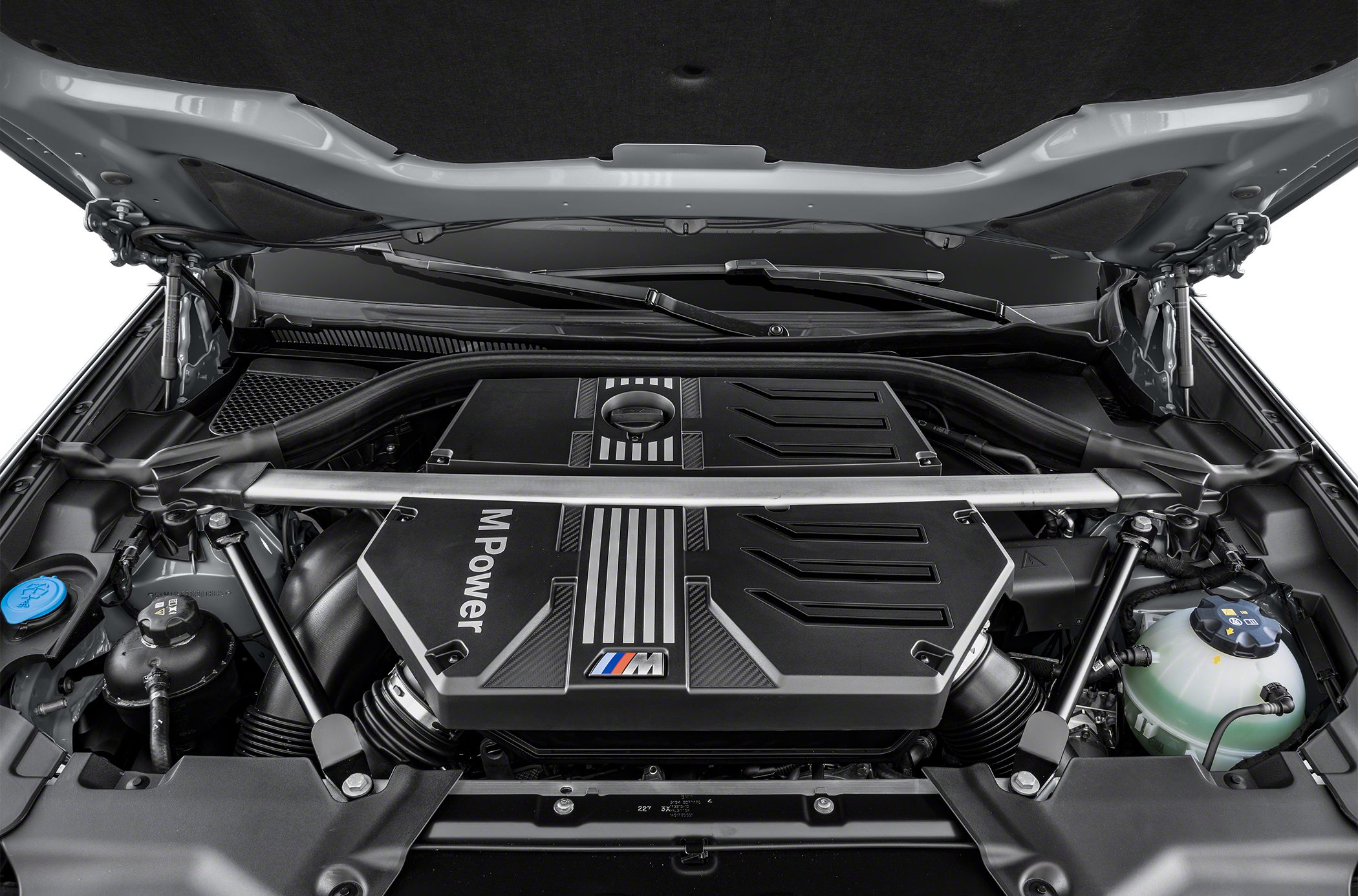 M Power engine cover and strut brace in modern performance engine bay