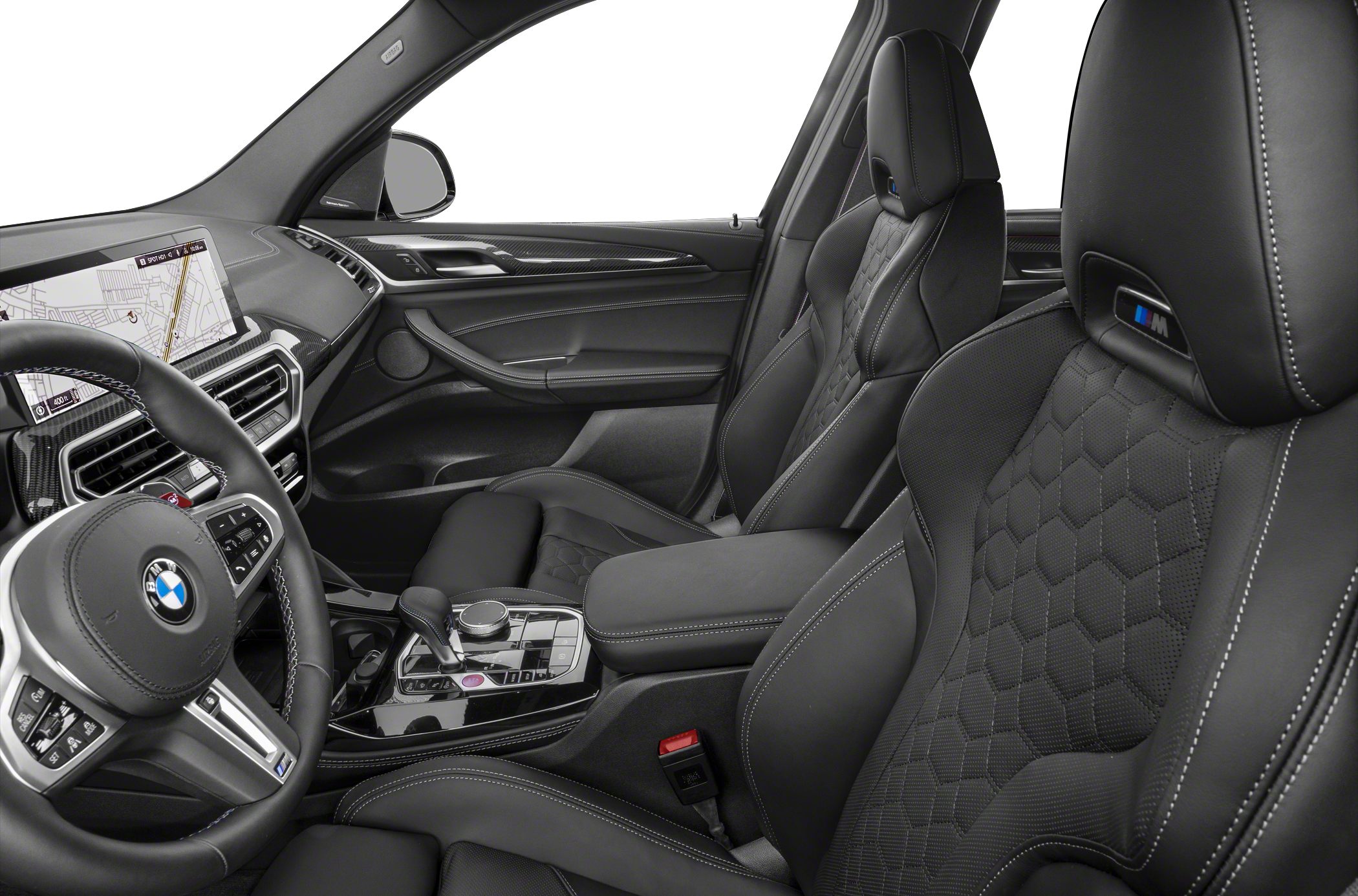 Sporty leather M bucket seats with quilted pattern and digital cockpit.