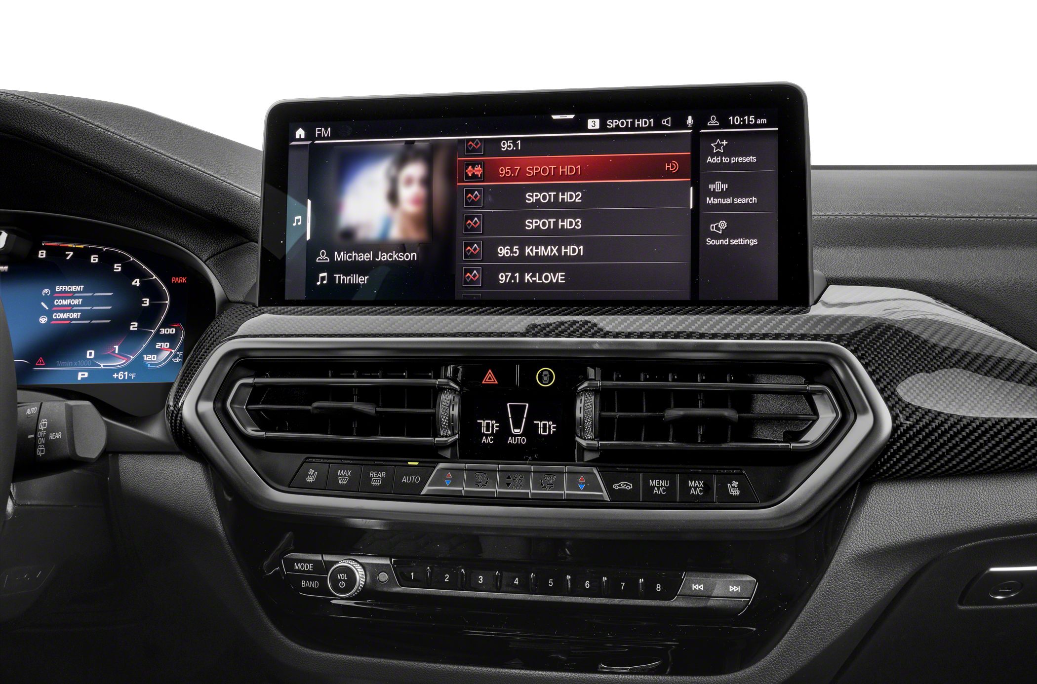 Infotainment display with climate control and carbon fiber trim