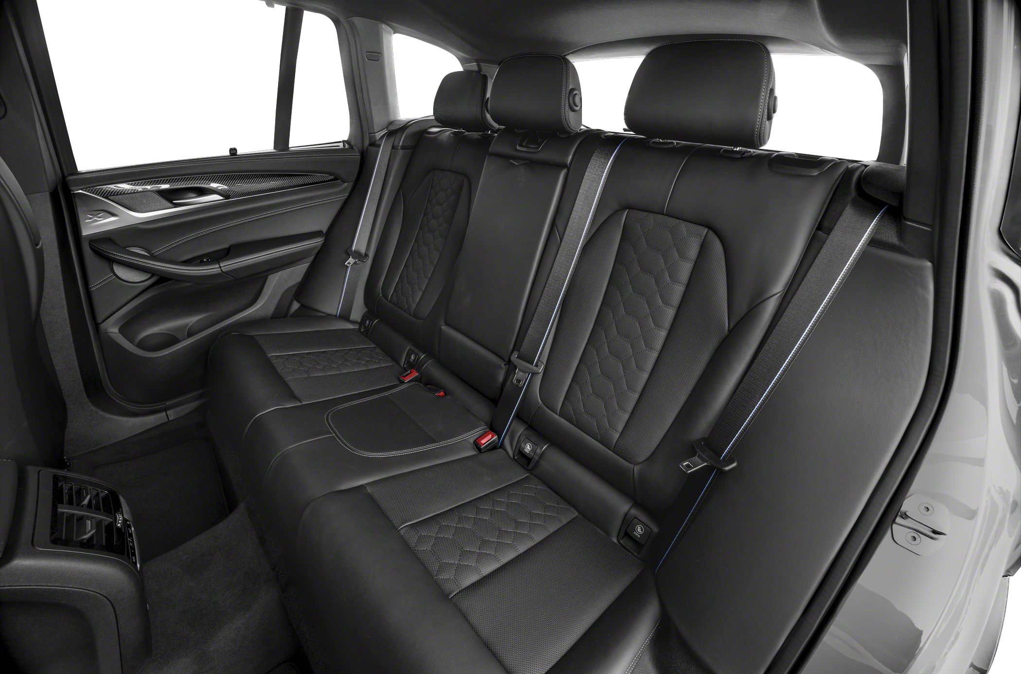 Black leather rear seats with detailed stitching and modern interior trim.
