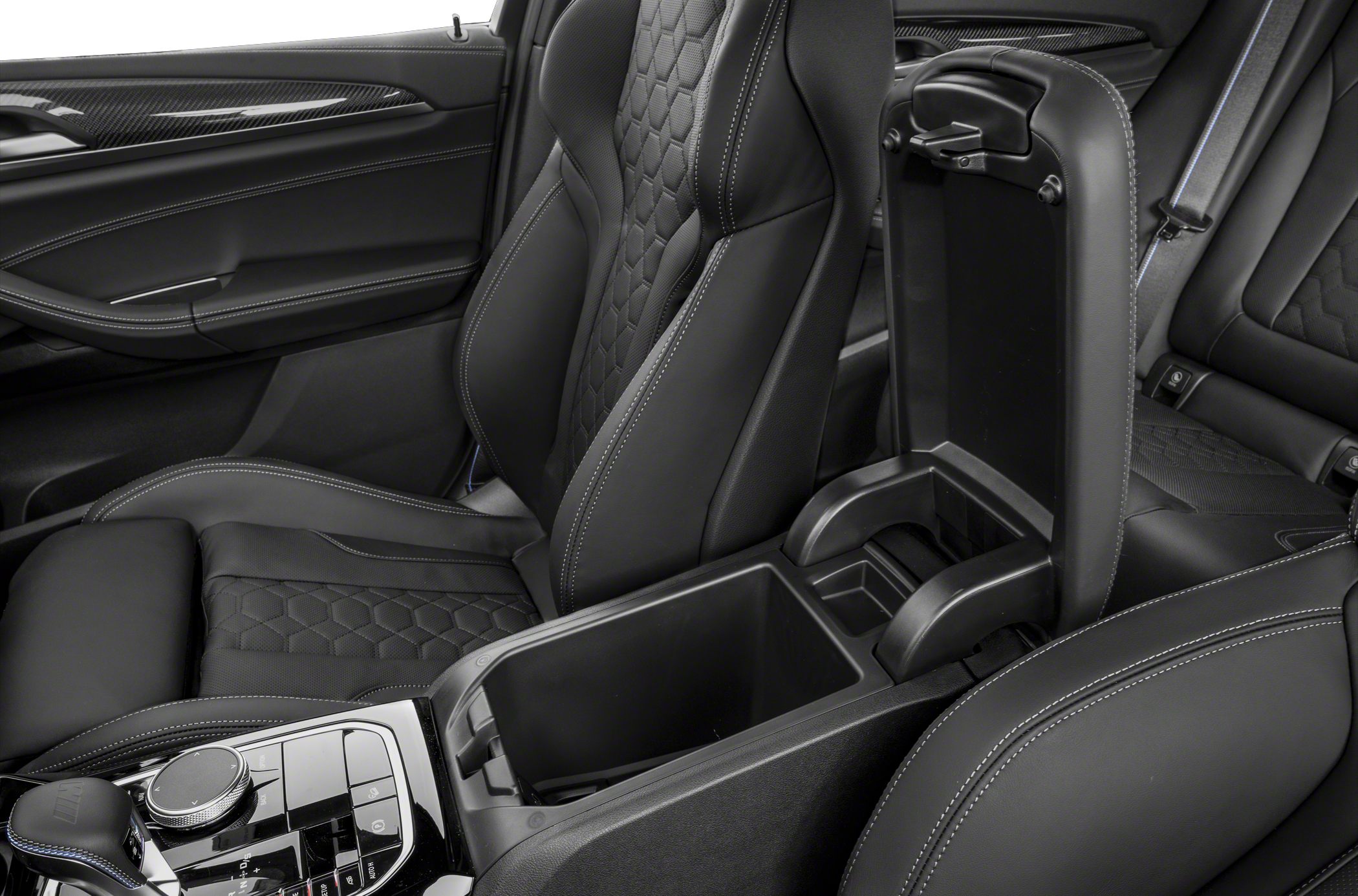 Sport seats with hex-pattern stitching and open center console compartment