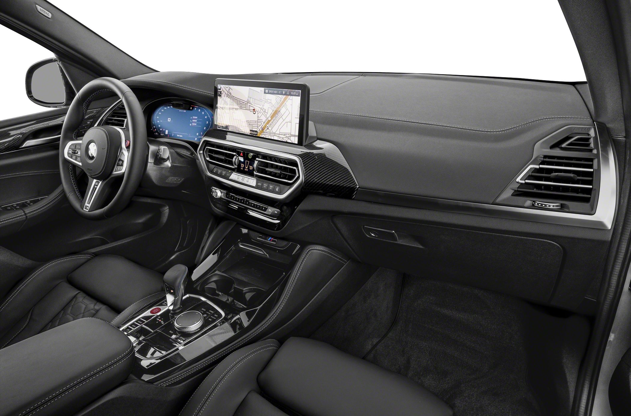 Dashboard, digital instrument cluster, infotainment screen, carbon fiber trim