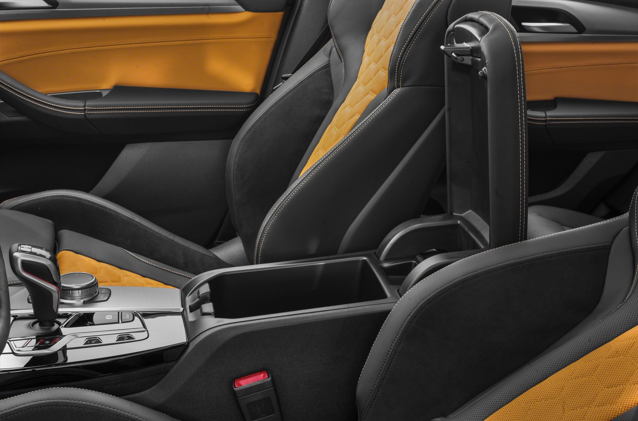 Open center console storage and two-tone seat upholstery