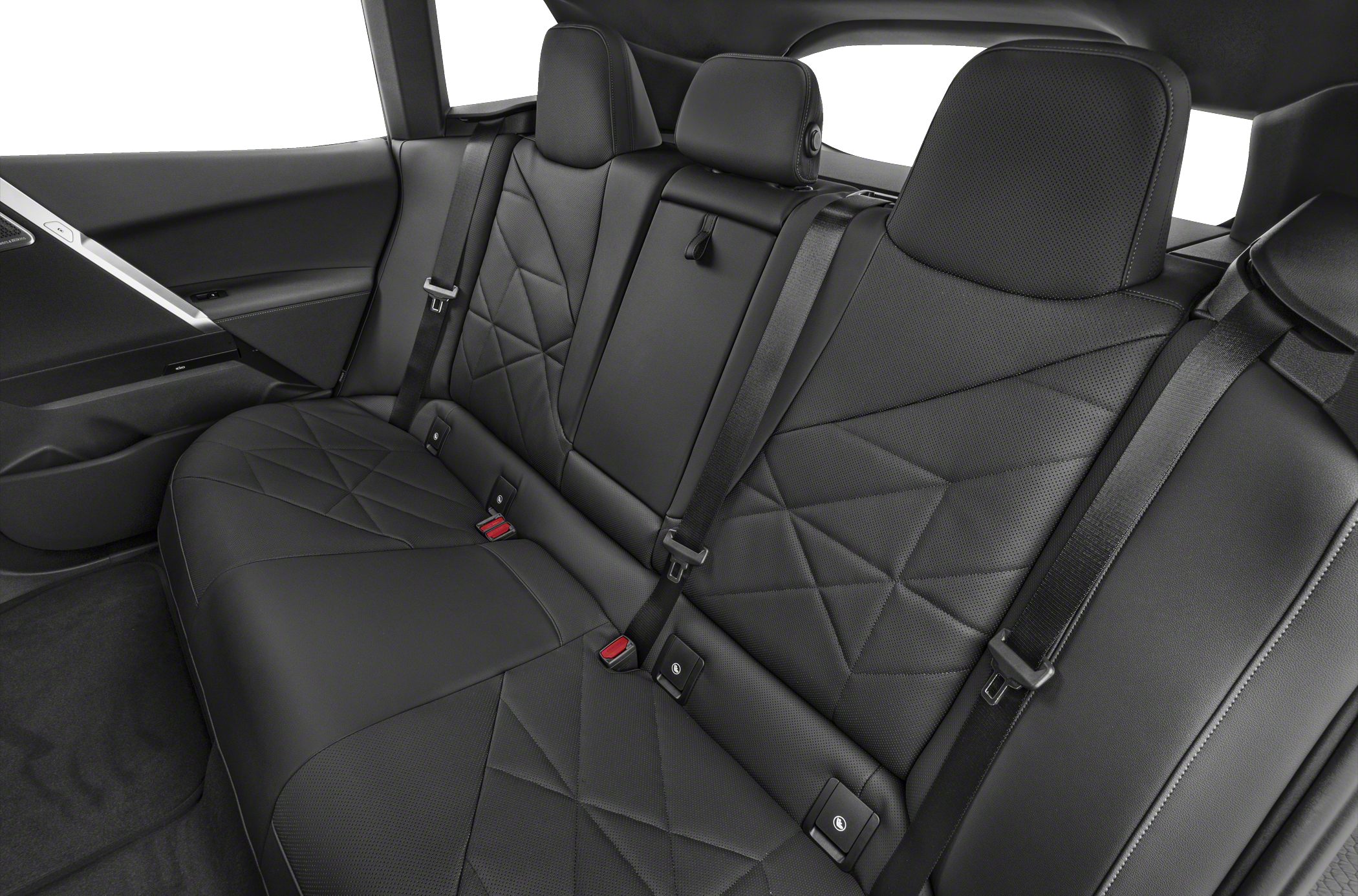 Quilted black leather rear seats with integrated seat belts and headrests.