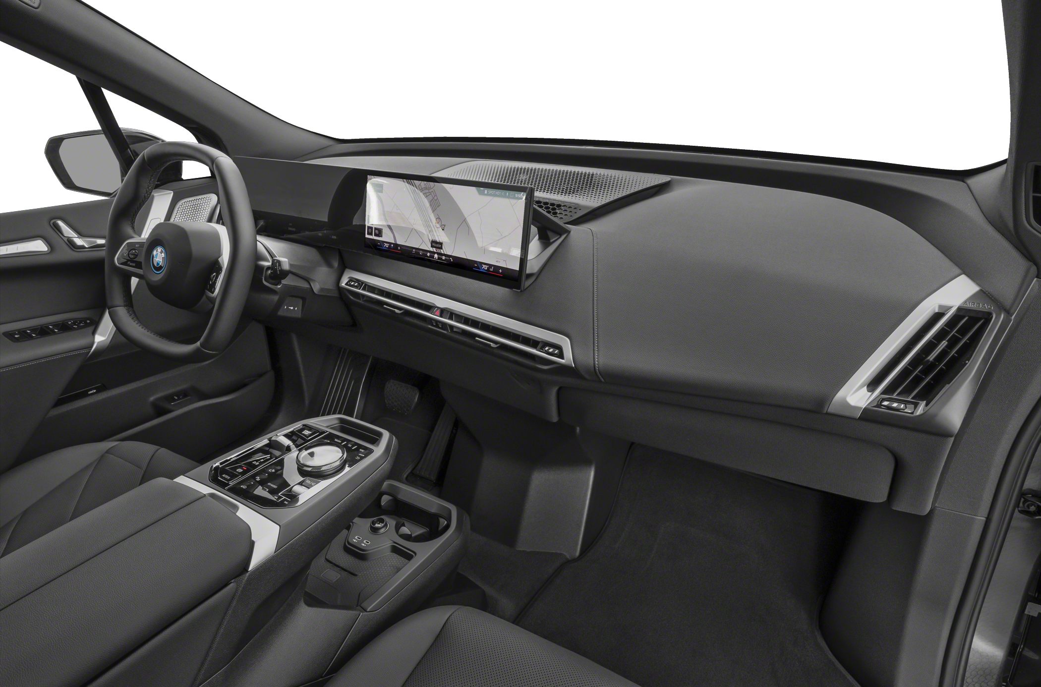 Digital dashboard with wide infotainment display and advanced center console controls.