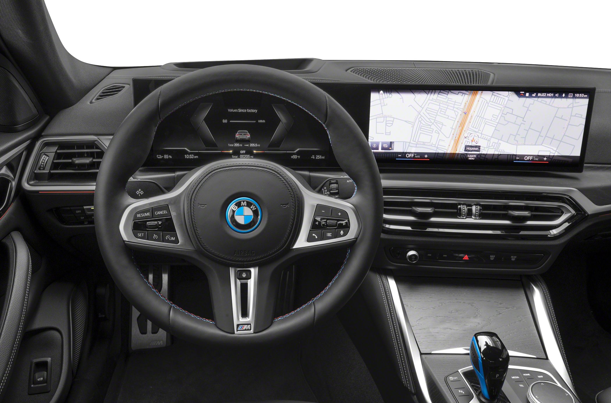 Digital instrument cluster and large navigation display with steering wheel controls