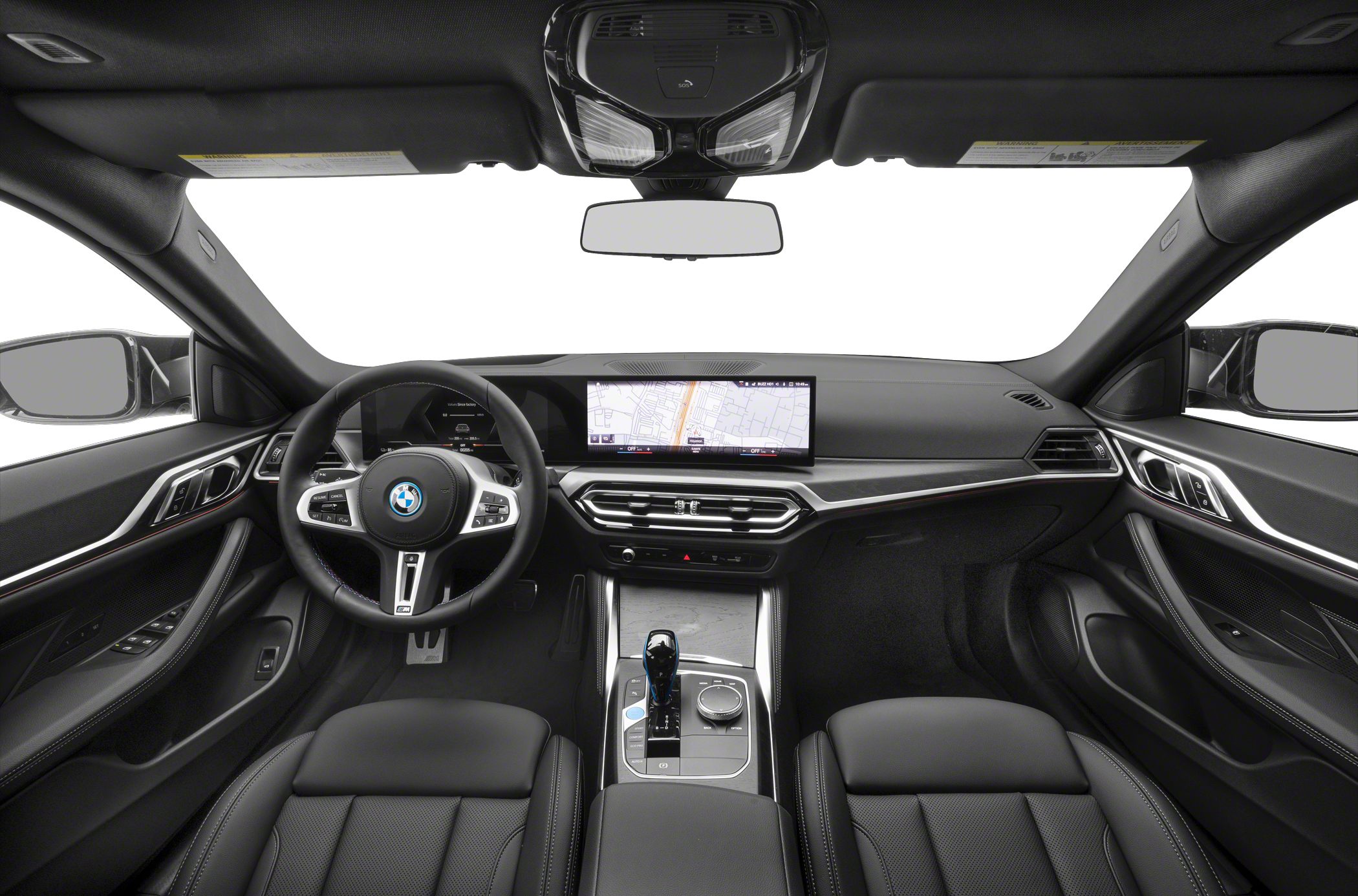 Modern digital dashboard and multifunction steering wheel in luxury car interior