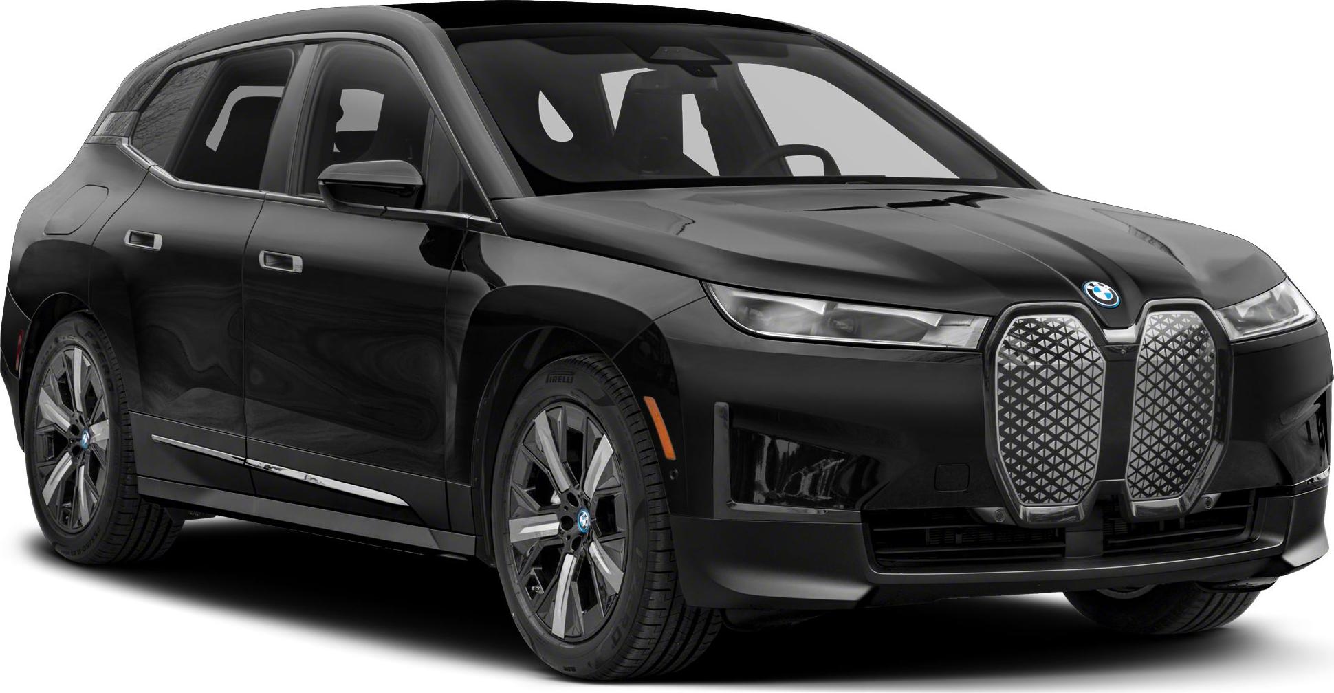 Front and side view of a sleek luxury electric SUV with large grille and detailed alloy wheels