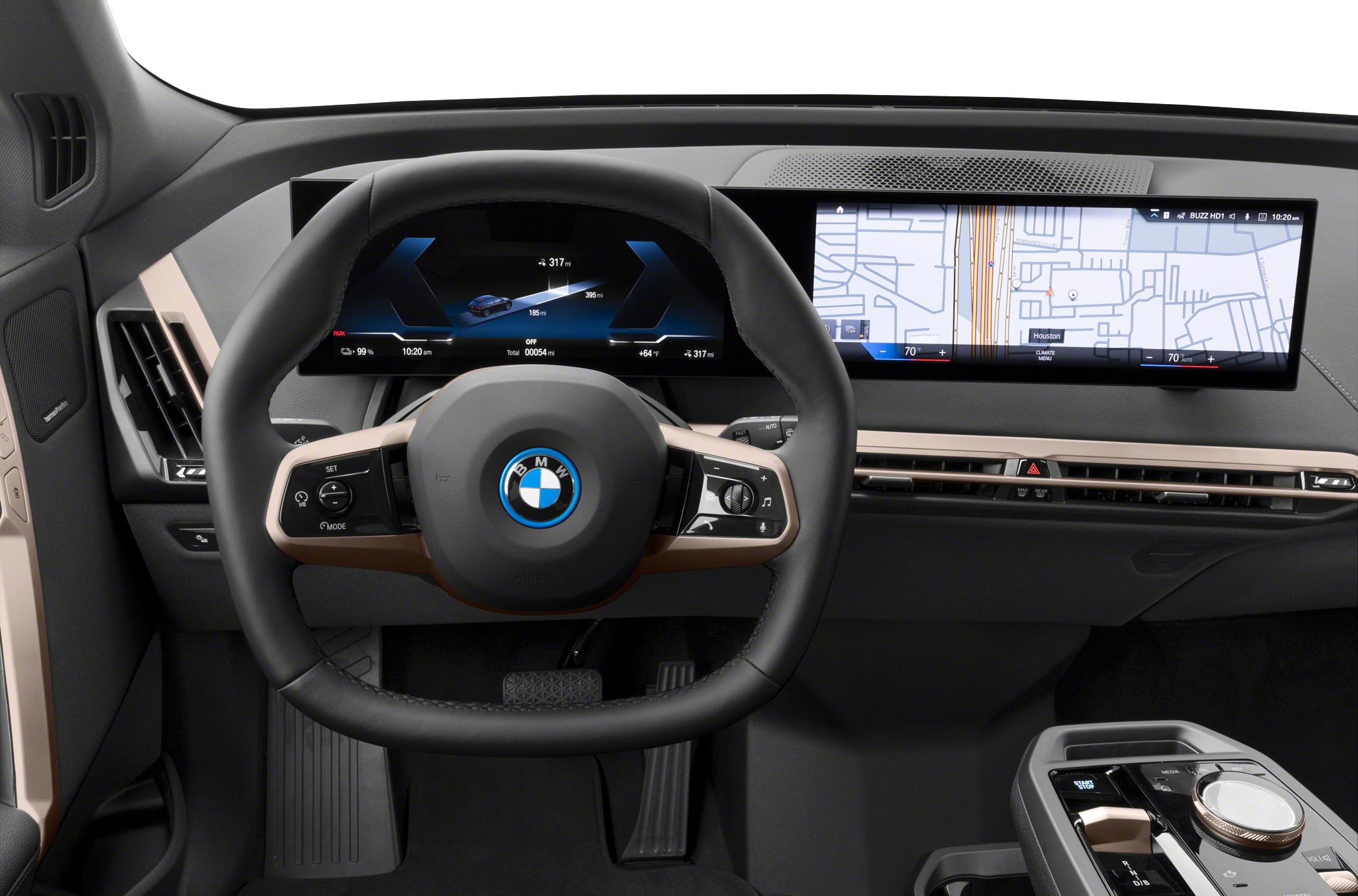 Digital dashboard and multifunction steering wheel in car interior