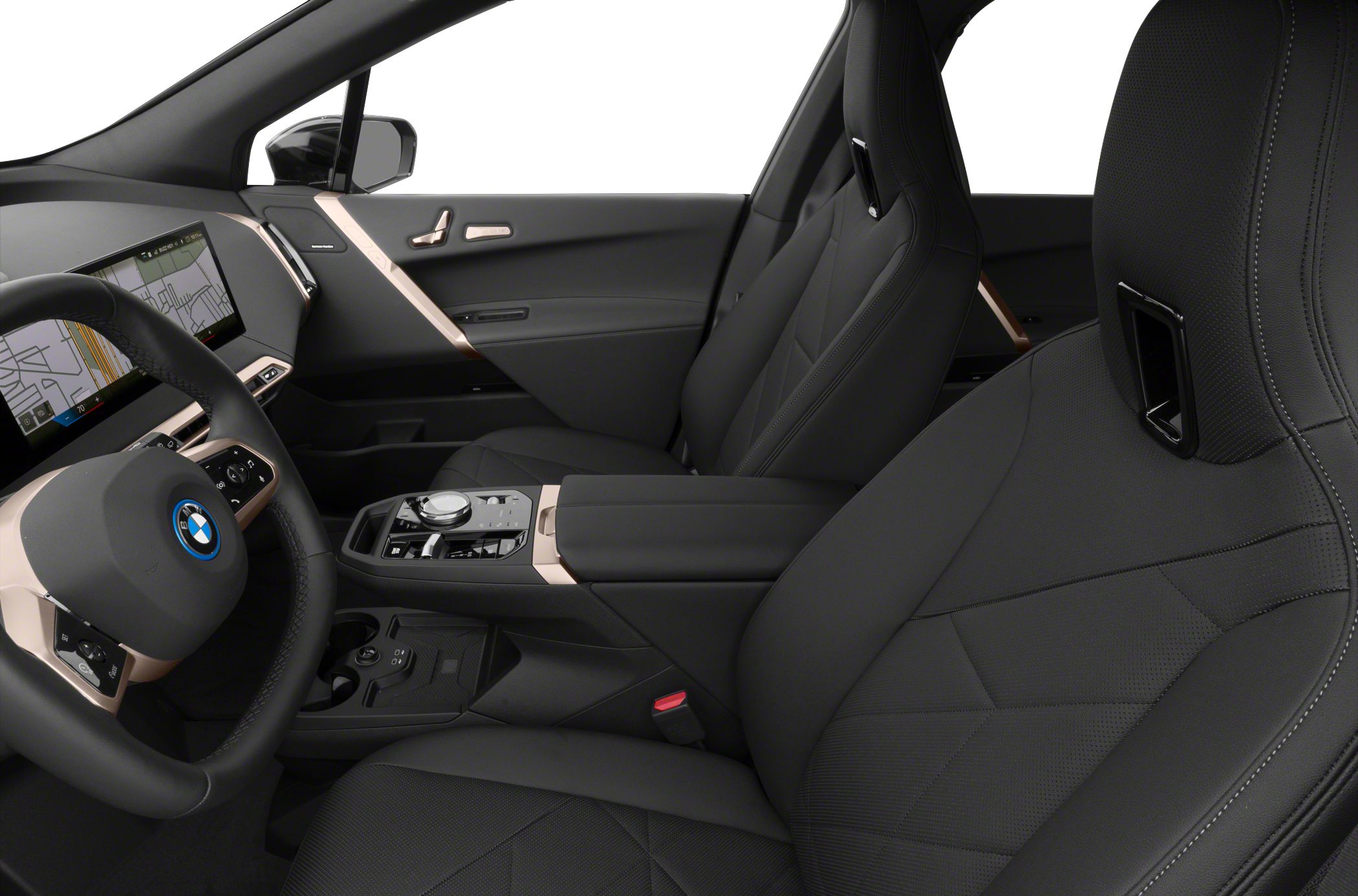 Modern car interior with black bucket seats and digital dashboard