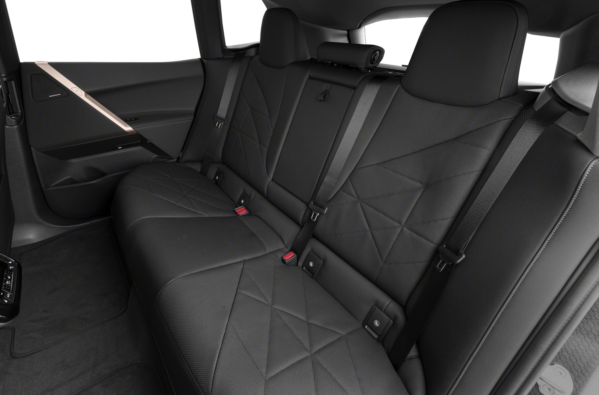 Black leather rear seats with detailed geometric stitching and seat belts