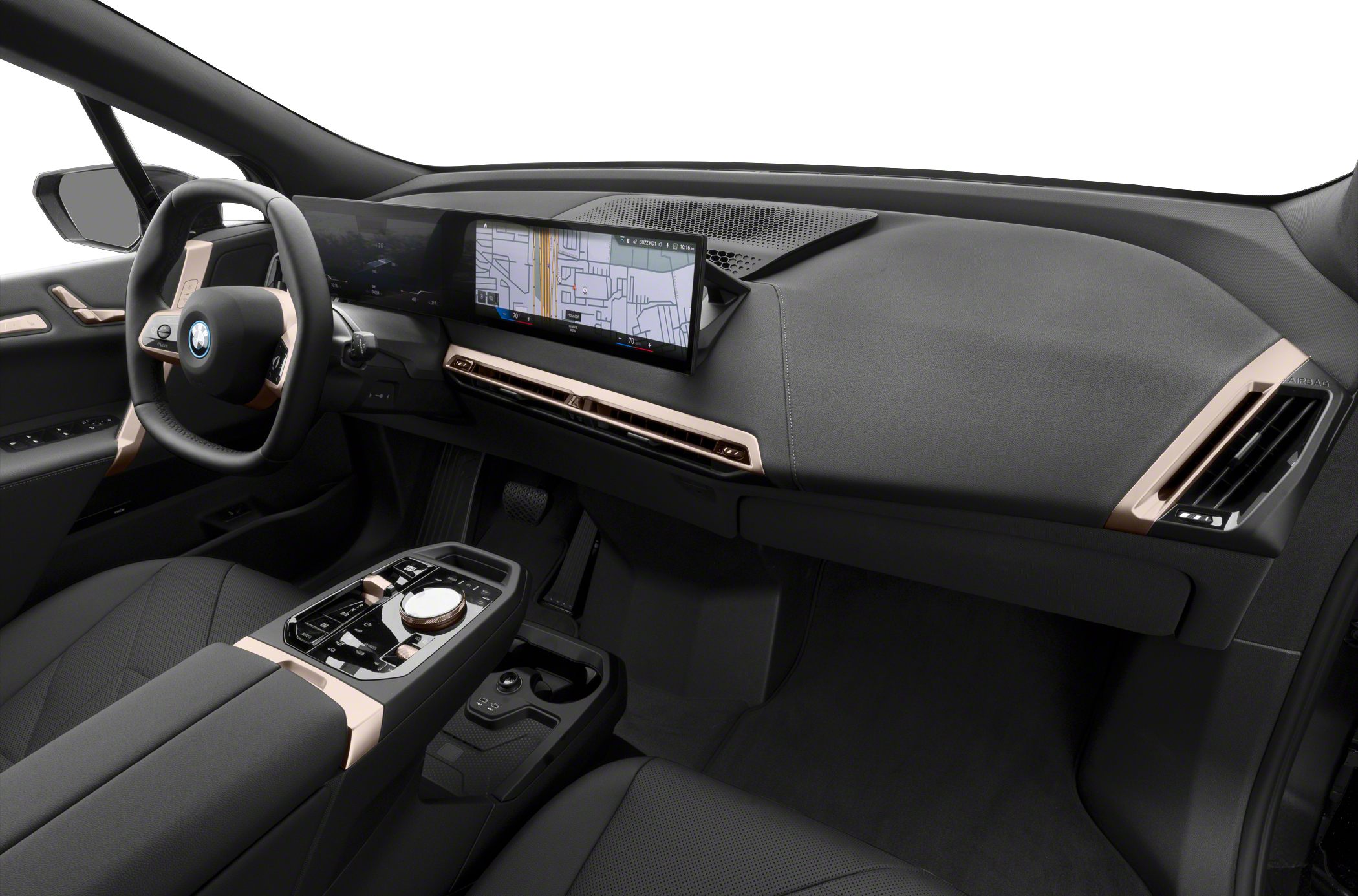 Digital dashboard with navigation map and modern center console with control knob