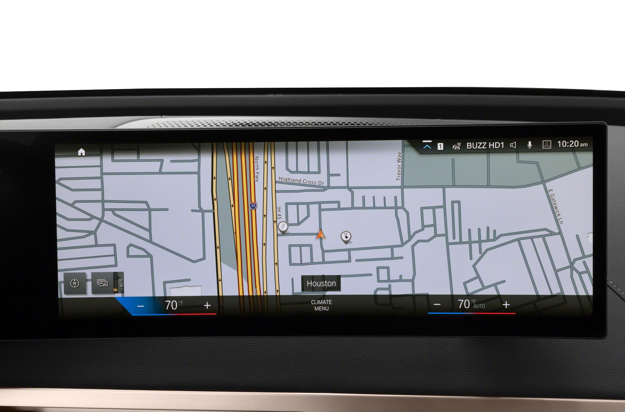 Digital navigation map with dual-zone climate controls on screen