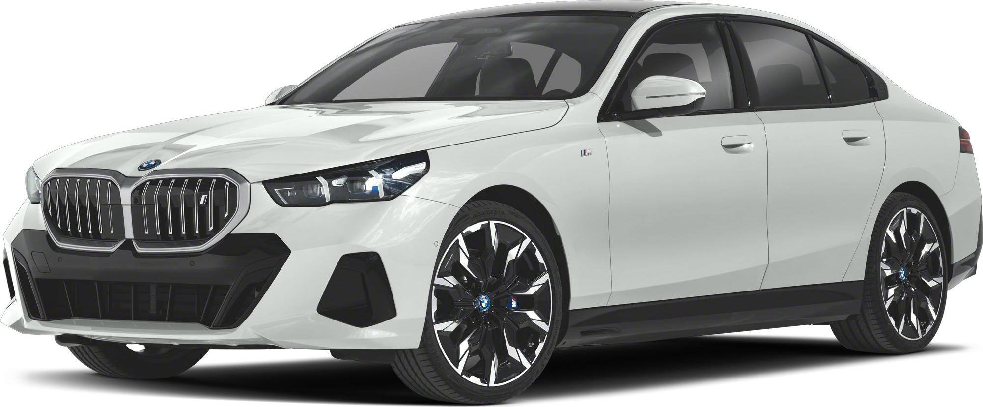 White electric sedan front and side view with distinctive grille and intricate alloy wheels