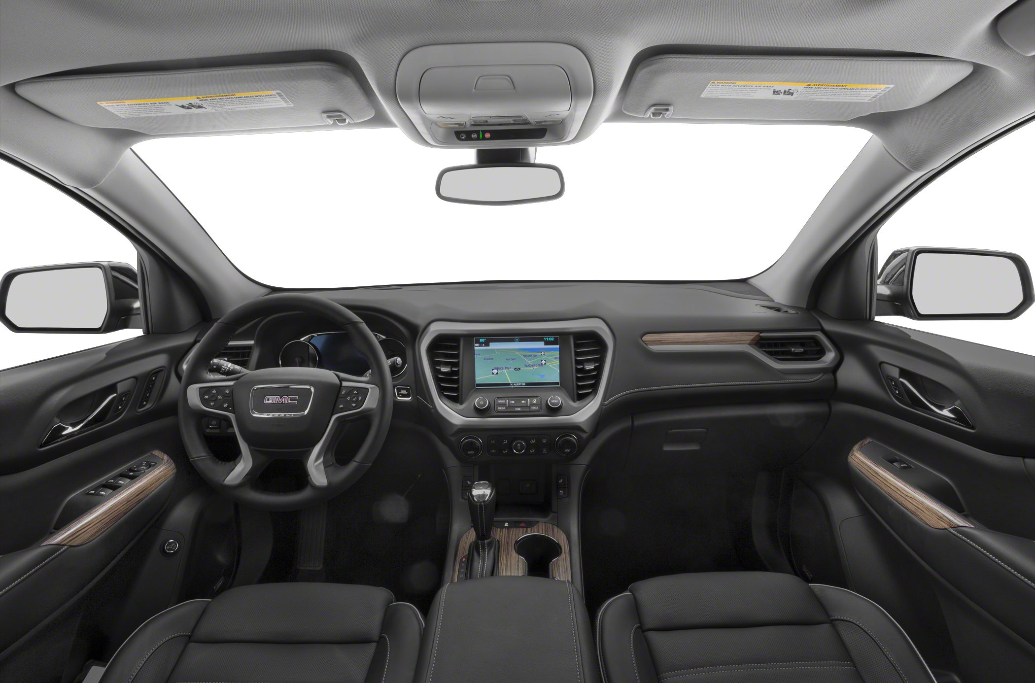 Interior dashboard with navigation screen and multifunction steering wheel