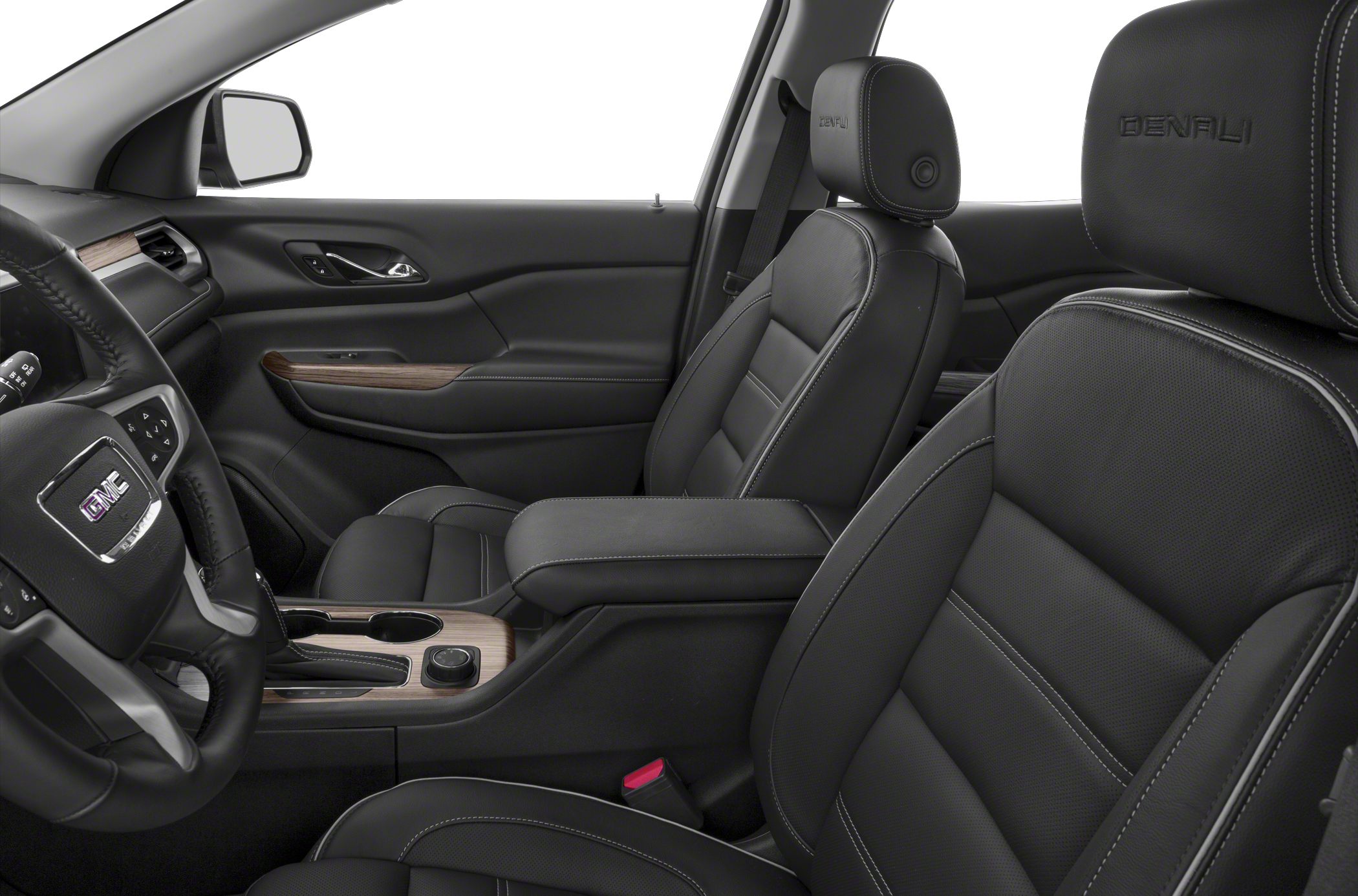 Black leather seats with white stitching and wood trim in a vehicle interior