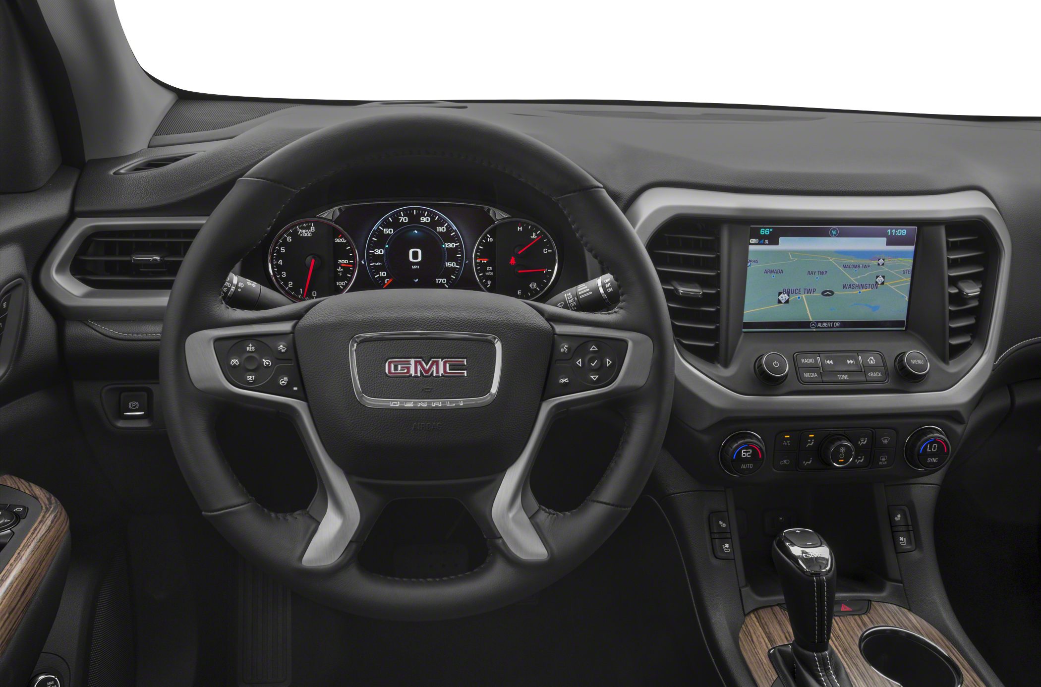 Dashboard with digital cluster, steering wheel controls, infotainment screen, climate control knobs