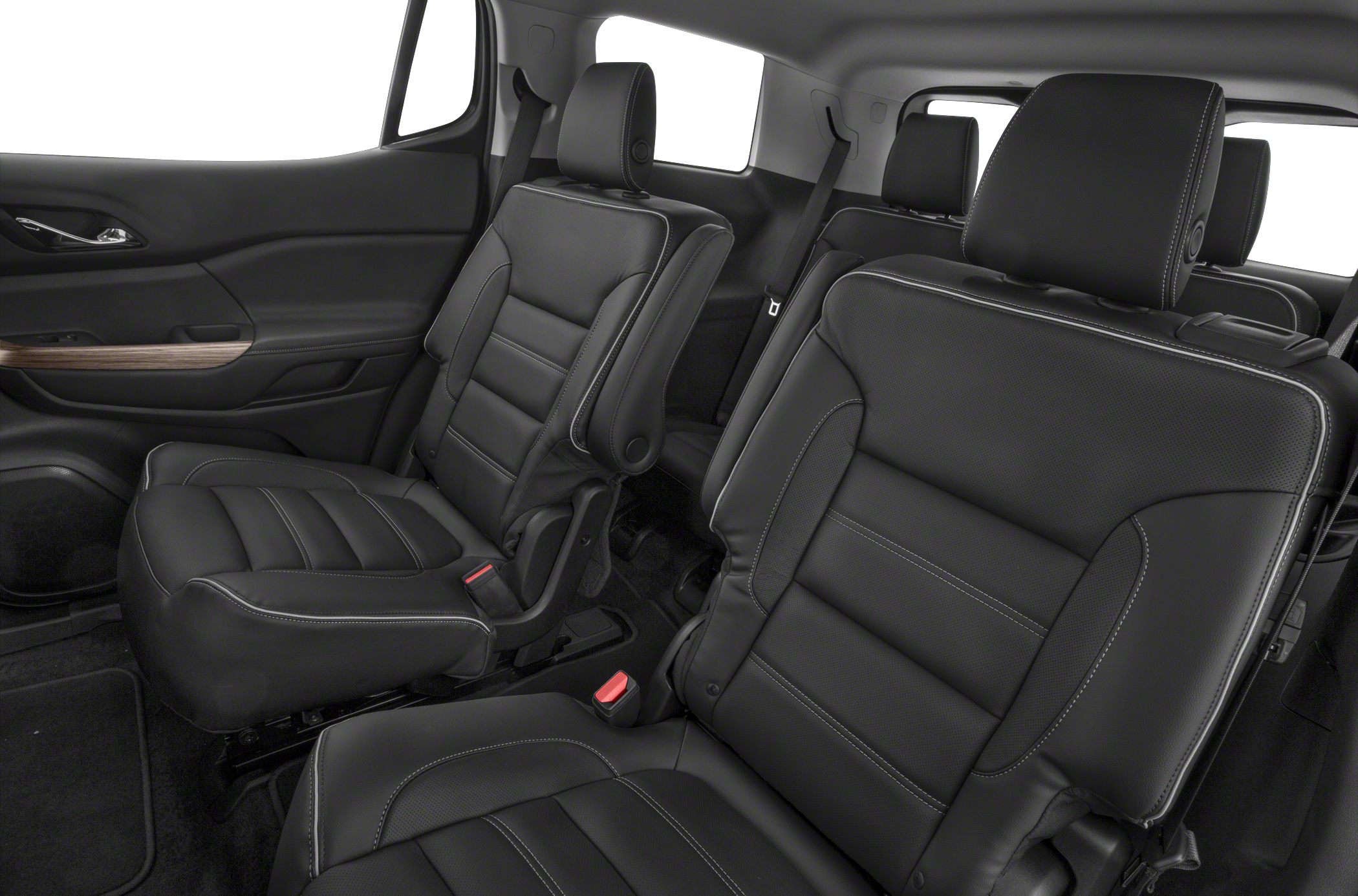 Black leather second and third-row SUV seats with stitching