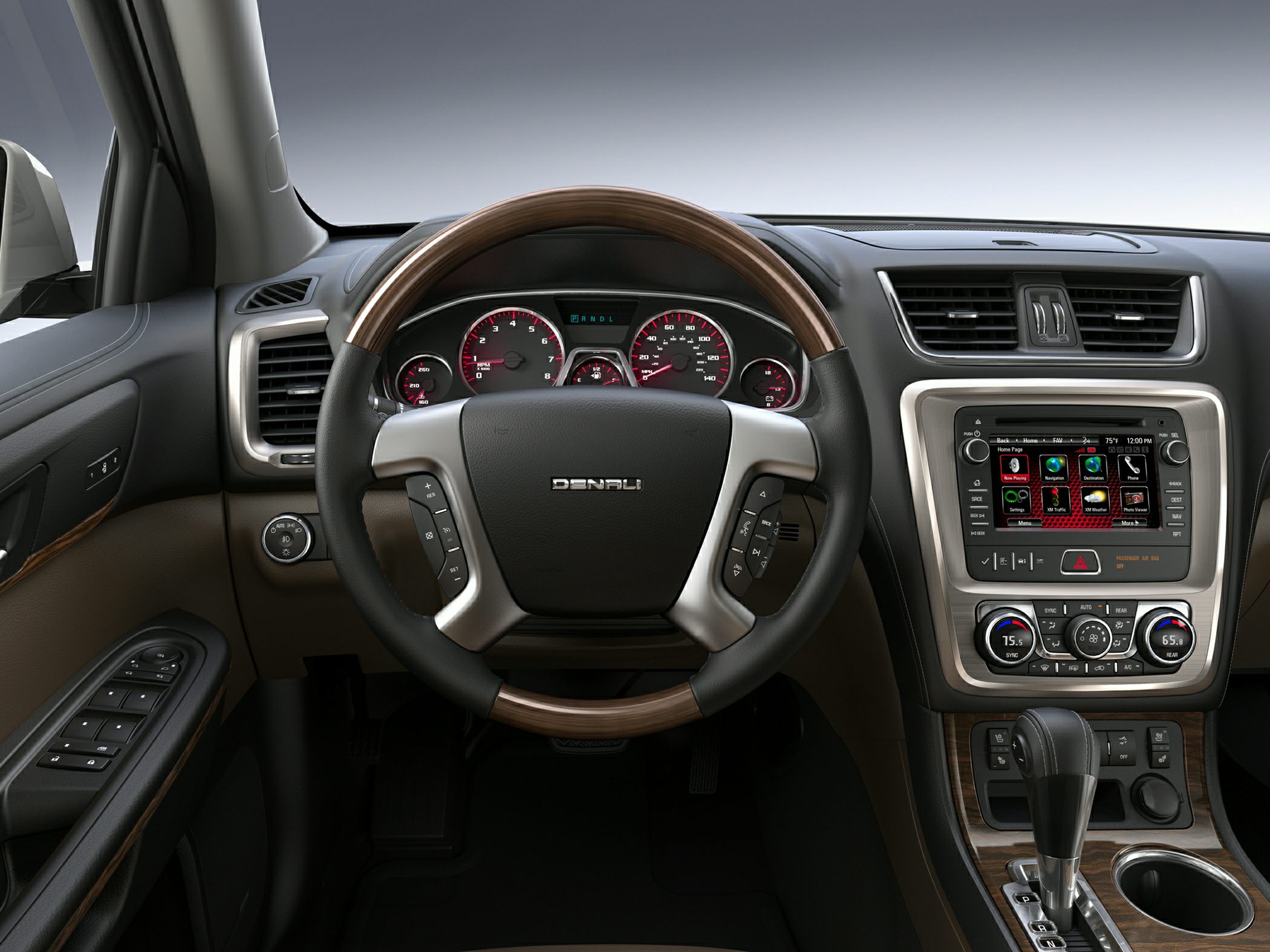 Wood-trimmed steering wheel, digital touchscreen, dual-zone climate controls