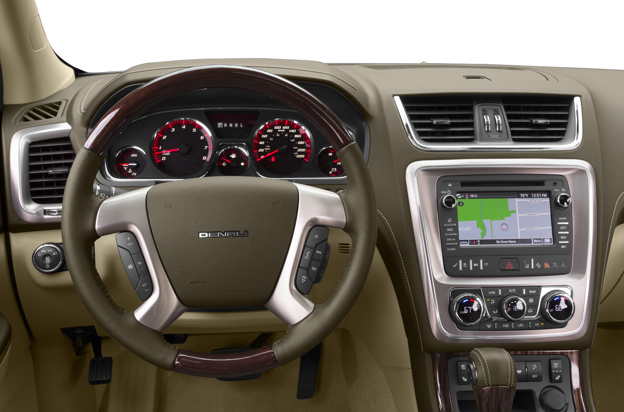 Steering wheel, instrument cluster, and touchscreen navigation system.