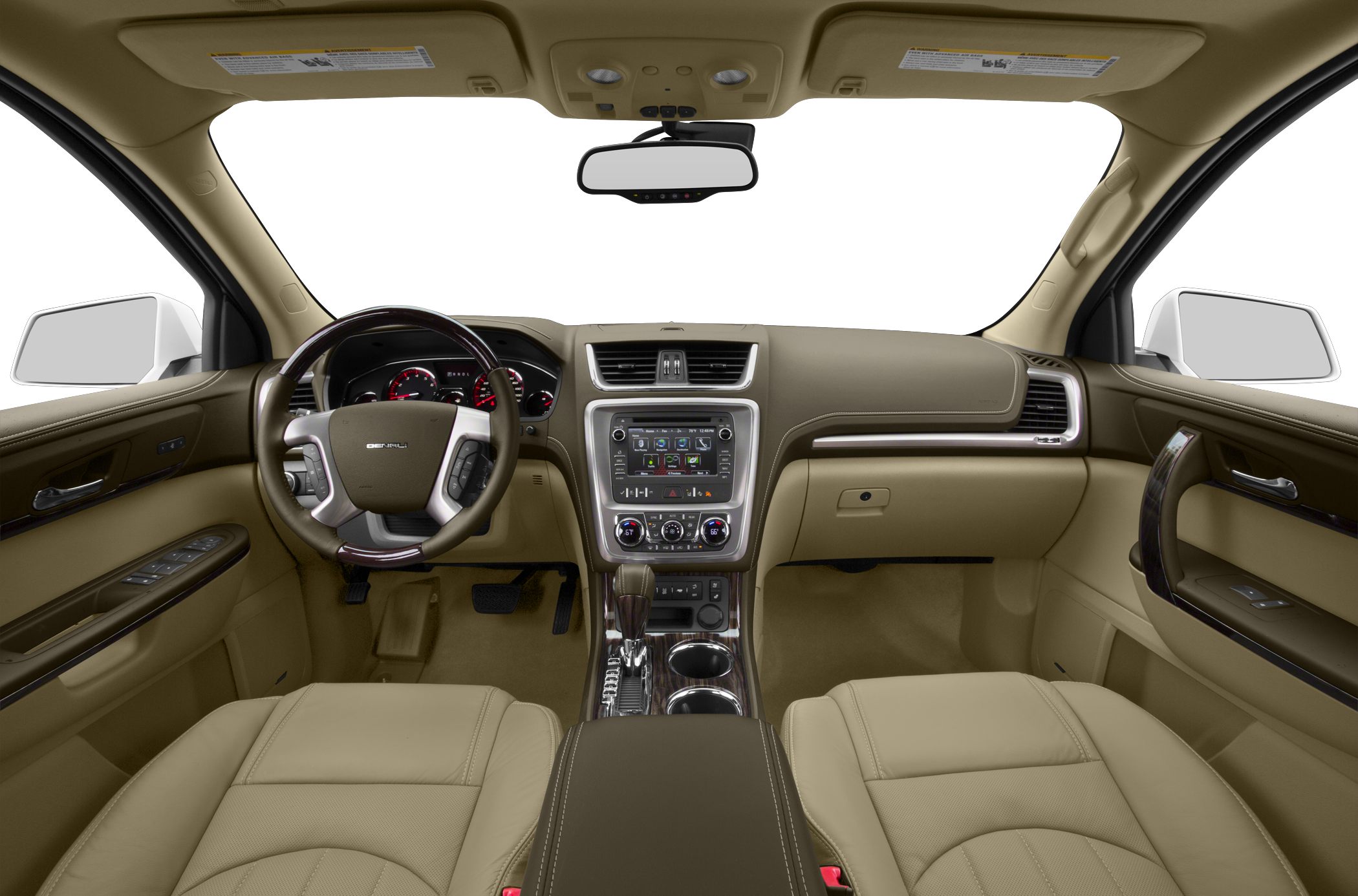 Car interior with touchscreen, wood trim, and leather seats