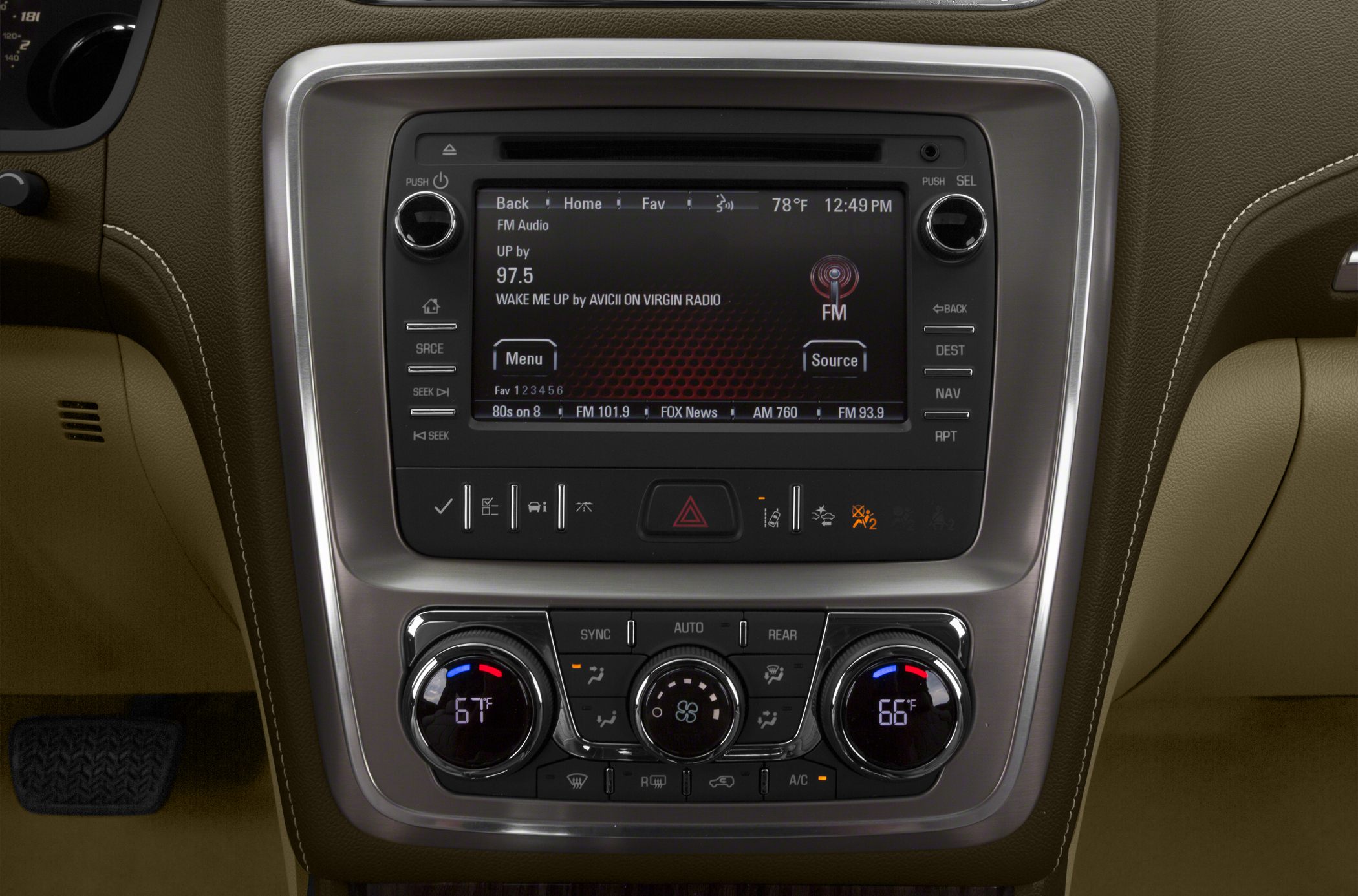 Central infotainment system and dual-zone climate controls with temperature displays