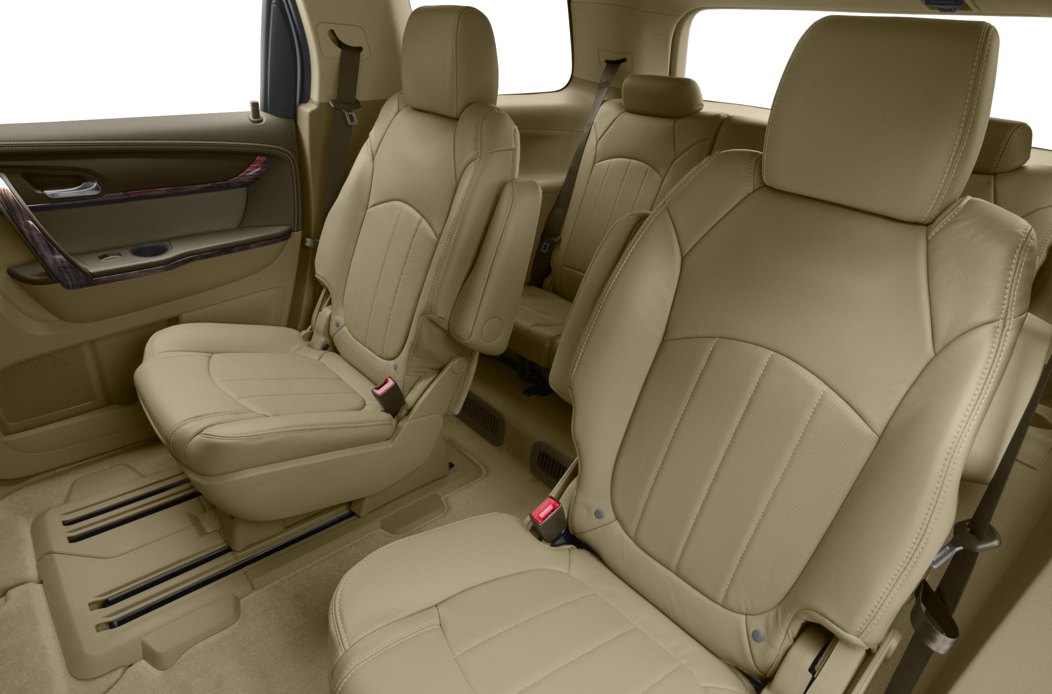 Beige leather three-row seating with armrests and seatbelts
